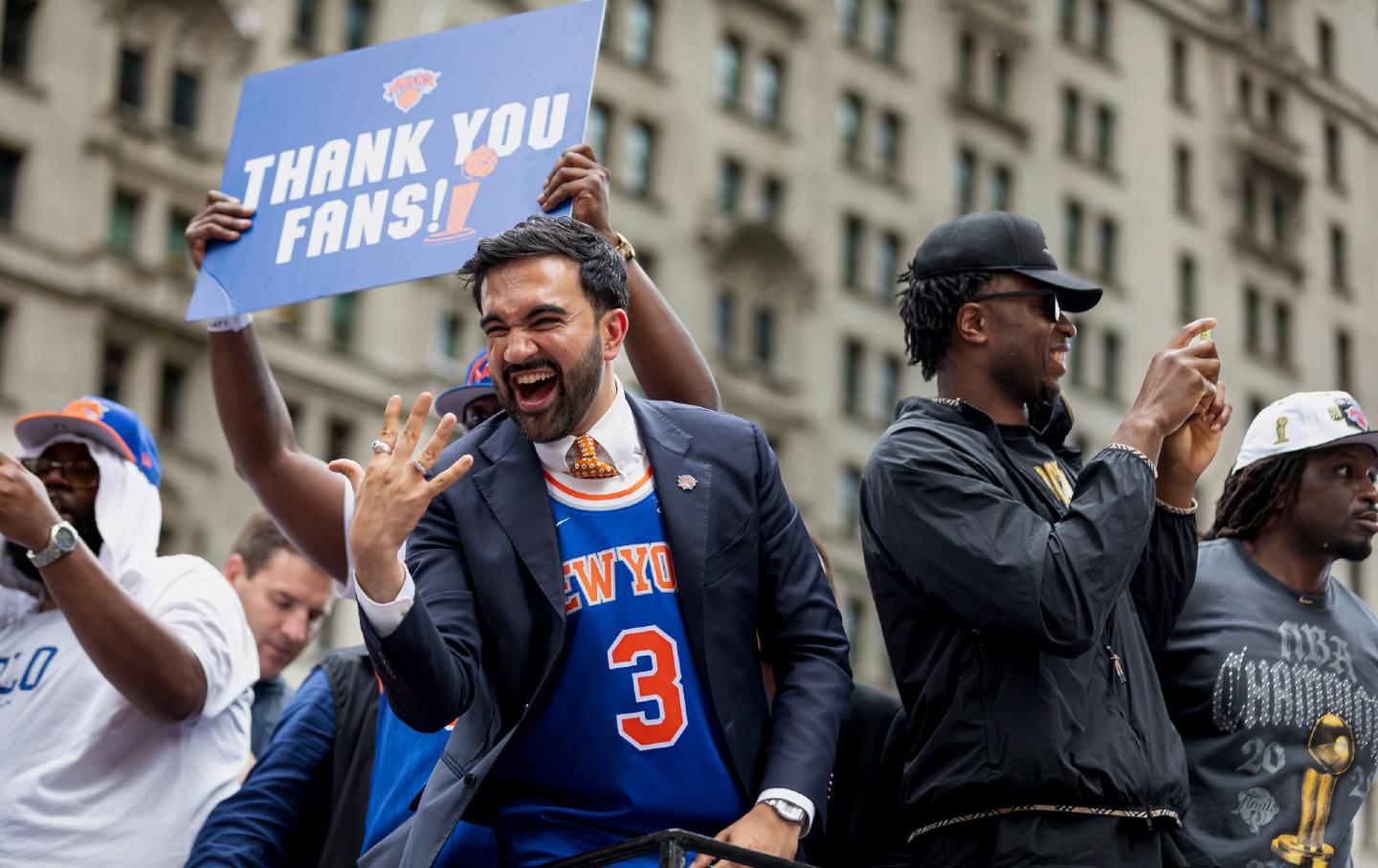 New York City Mayor Zohran Mamdani and OG Anunoby of the New York Knicks on a float during the New York Knicks Championship ticker tape parade and victory rally celebrating winning the 2026 NBA Finals.