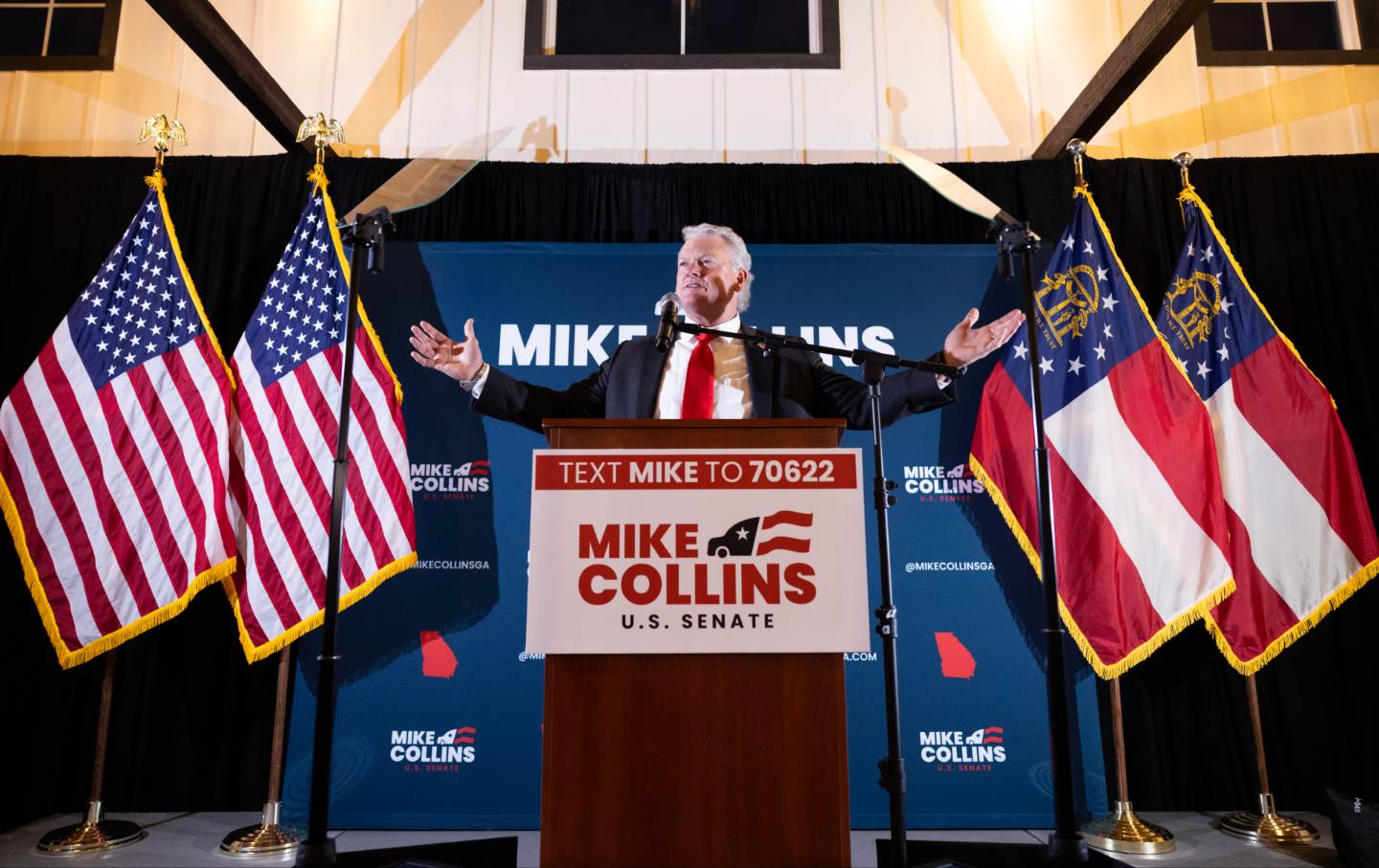 Representative Mike Collins (R-GA), now the Republican candidate for Senate, gives a speech during a runoff election-night party in Jackson, Georgia.