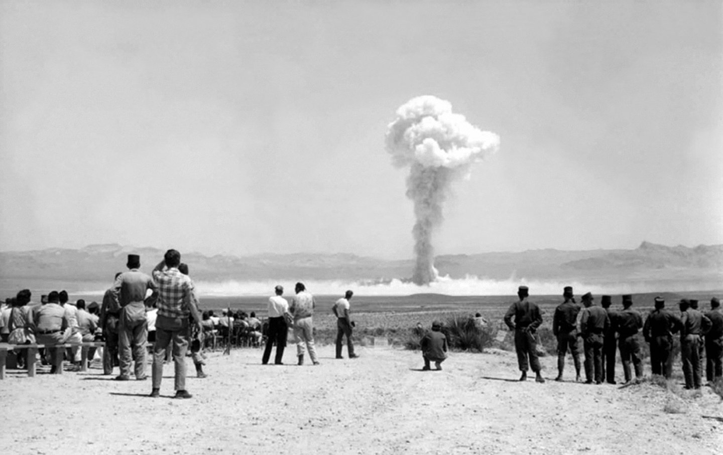 Soldiers and cameramen near the Small Boy nuclear test, part of Operation Sunbeam, also known as Operation Dominic II, in Nevada, on July 14, 1962.