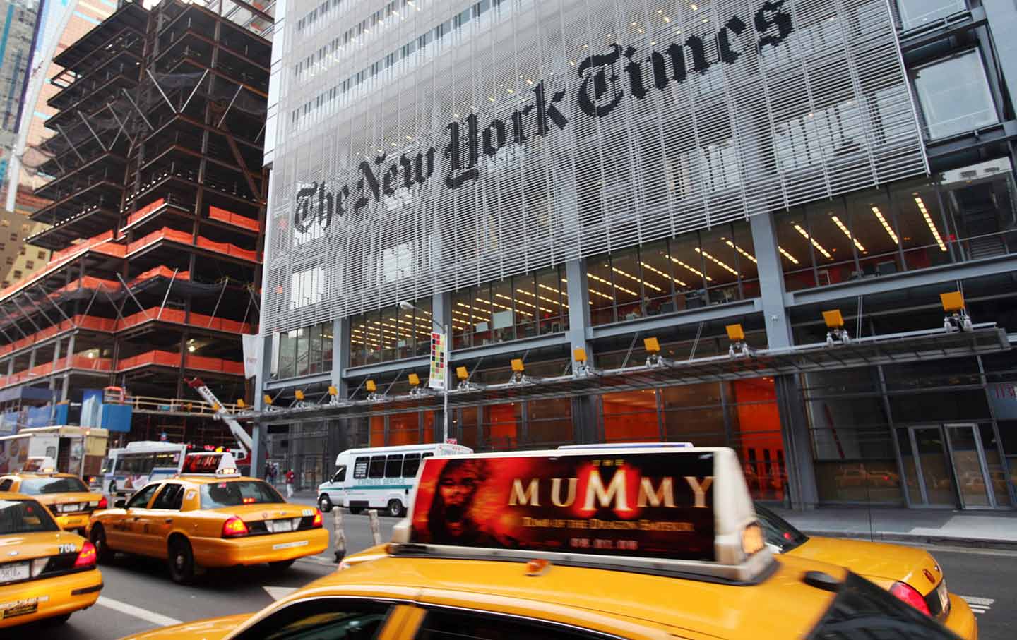 Traffic passes in front of The New York Times building in New York City on July 22, 2008.