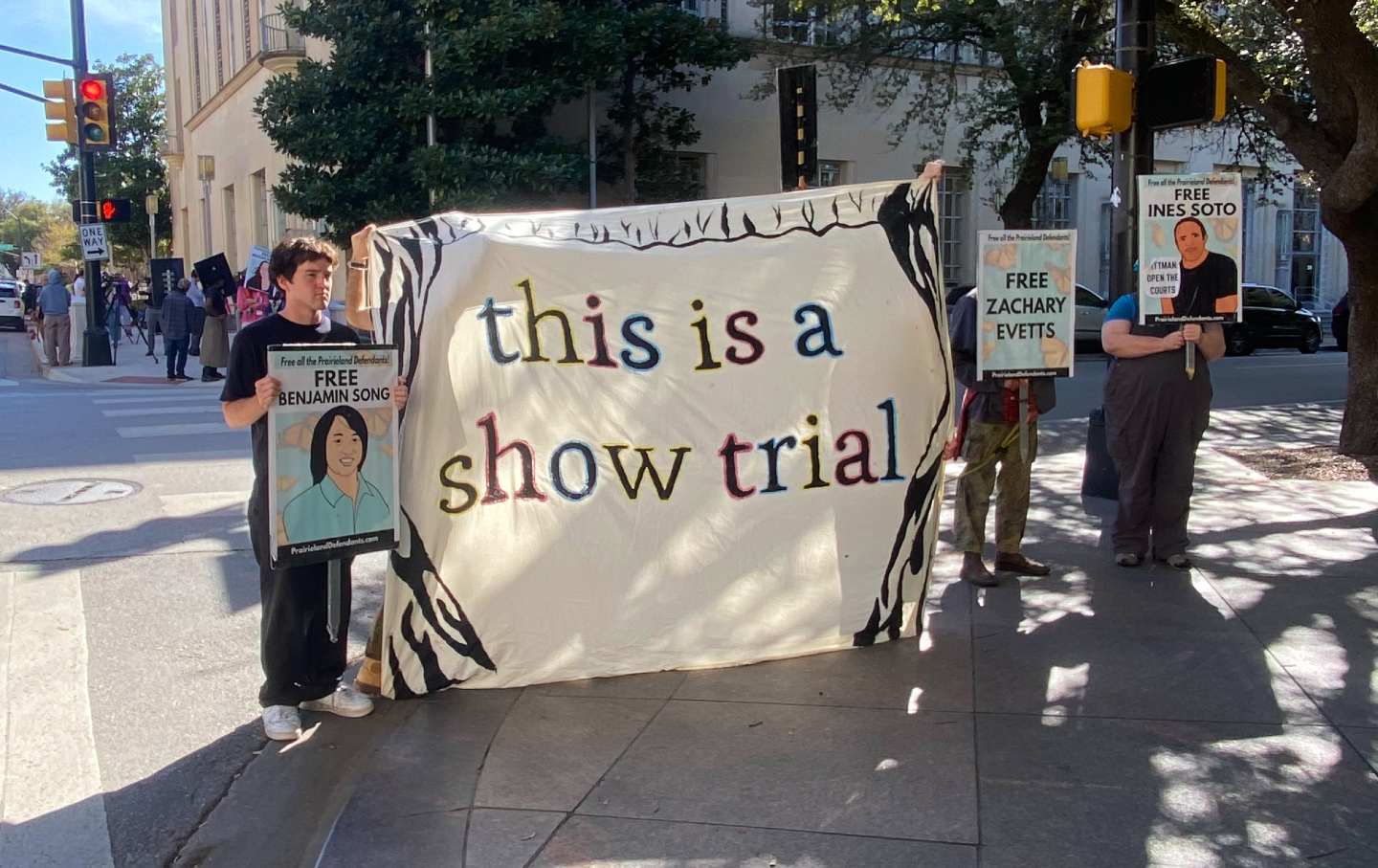 Demonstrators showing support for people accused of conspiring to commit terrorism at the Prairieland immigration detention center last summer gathered outside of the Eldon B. Mahon United States Courthouse in Fort Worth on March 13, 2026.