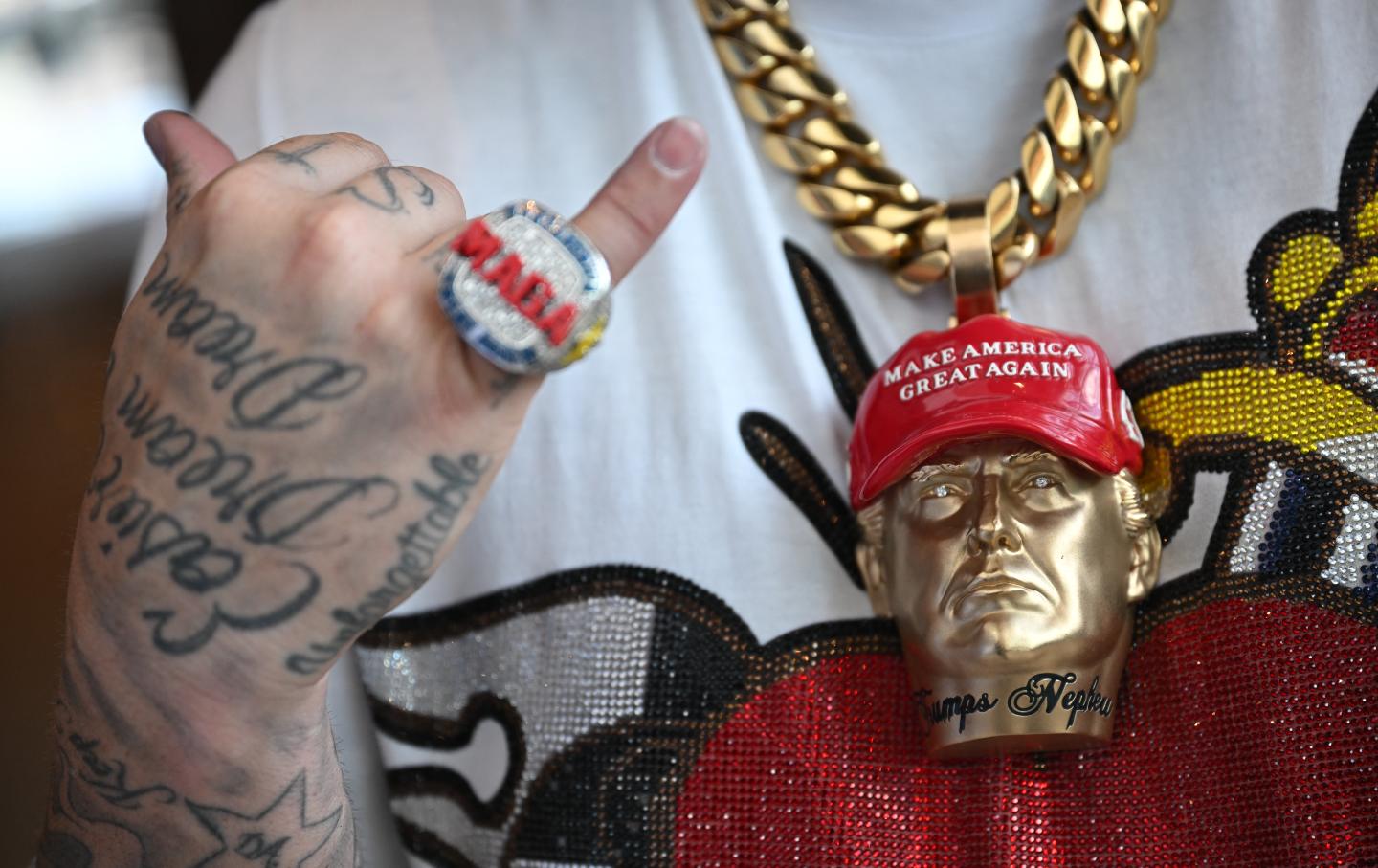 Self-proclaimed pioneer of the Trumpist hip-hop genre MAGA rap US rapper Kurt Jantz, professionally known as Forgiato Blow, attends the third day of the 2024 Republican National Convention at the Fiserv Forum in Milwaukee, Wisconsin, on July 17, 2024.