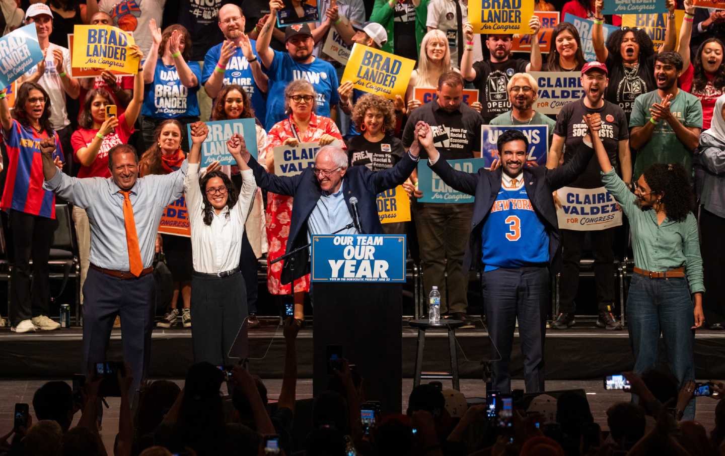 Brad Lander, Claire Valdez, Bernie Sanders, Zohran Mamdani, and Darializa Avila Chevalier are cheered for together for a 