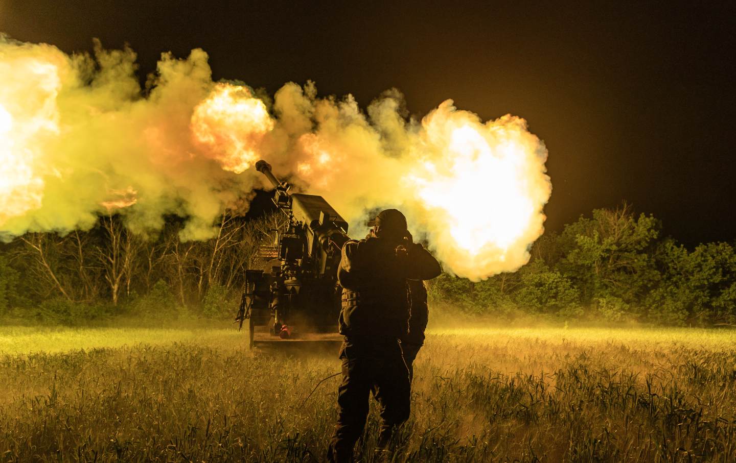 Ukrainian soldiers from the 30th Brigade fire with Bohdana artillery at Russian positions in the Donetsk Oblast, Ukraine, on May 31, 2026.