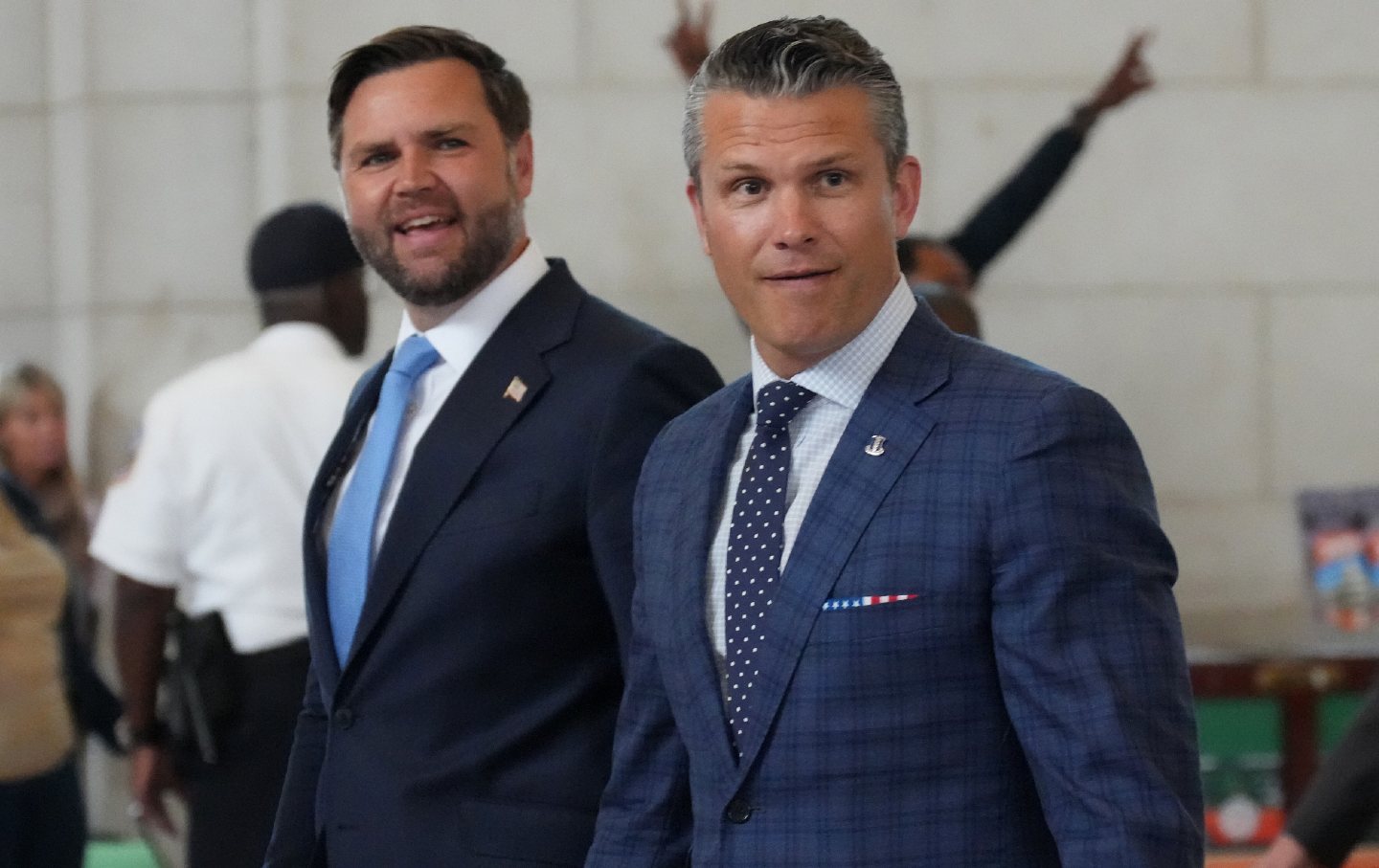 Vice President JD Vance and Defense Secretary Pete Hegseth depart Union Station after meeting with federal law enforcement officers on August 20, 2025 in Washington, DC.