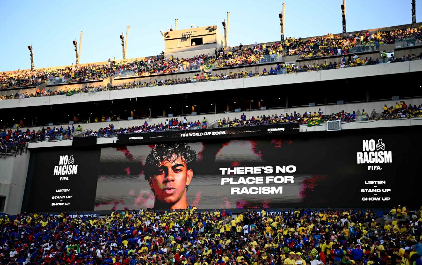 A general view as the screen displays a “Stop the Hate” and “No Racism” message during the FIFA World Cup 2026 Group C match between Brazil and Haiti at Philadelphia Stadium on June 19, 2026, in Philadelphia.