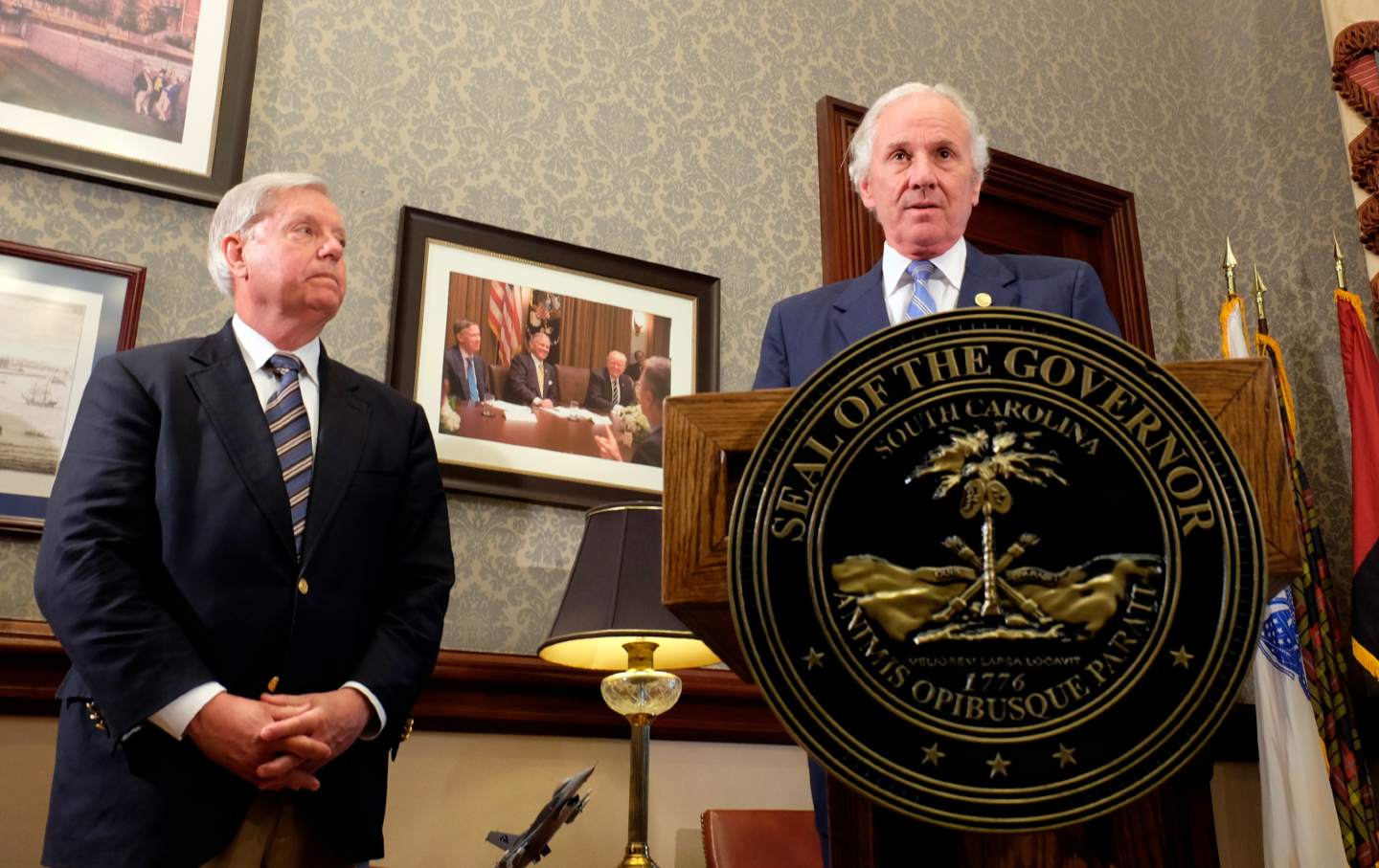 South Carolina Governor Henry McMaster, right, joined by US Senator Lindsey Graham, speaks to reporters on Tuesday, April 6, 2021, in Columbia, SC.