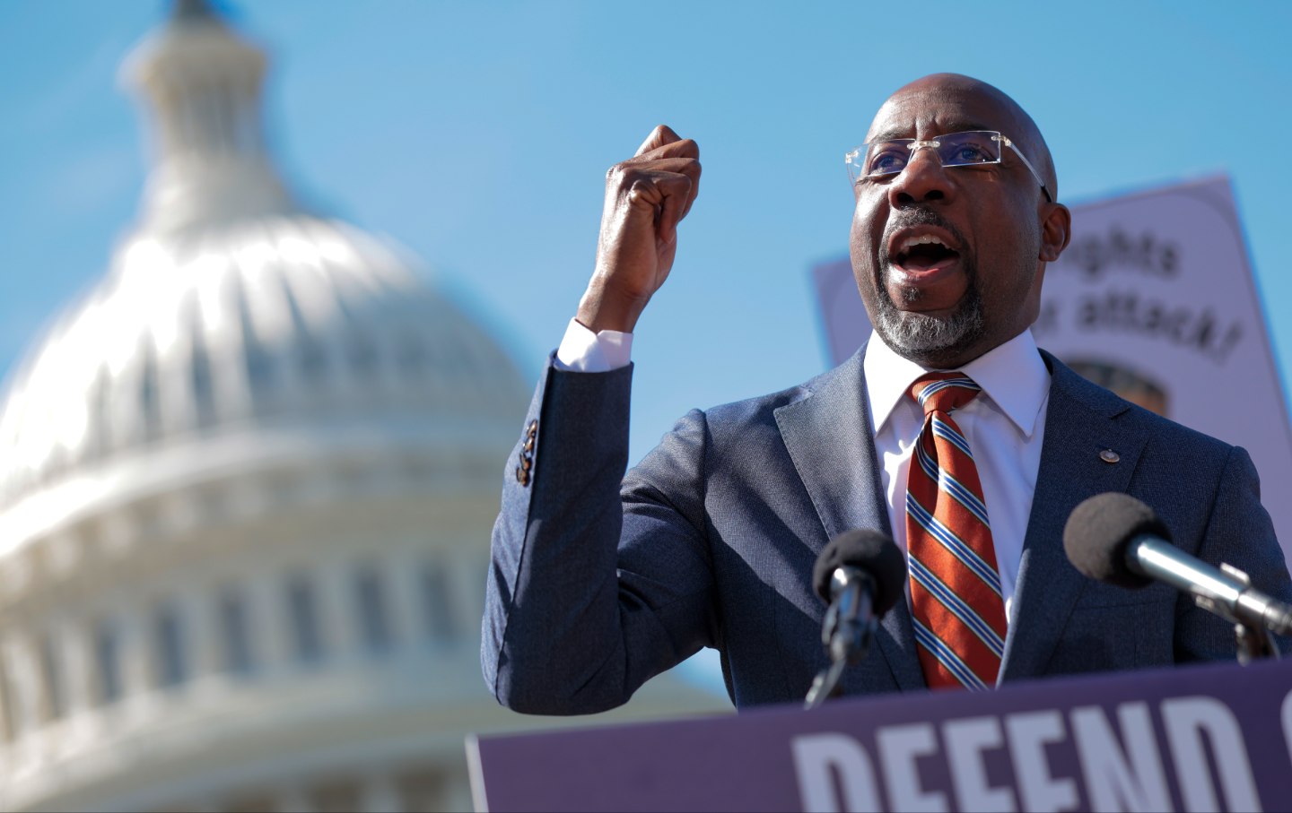 Senator Raphael Warnock (D-GA) attends a rally to speak out against the SAVE America Act outside the US Capitol on March 18, 2026, in Washington, DC.
