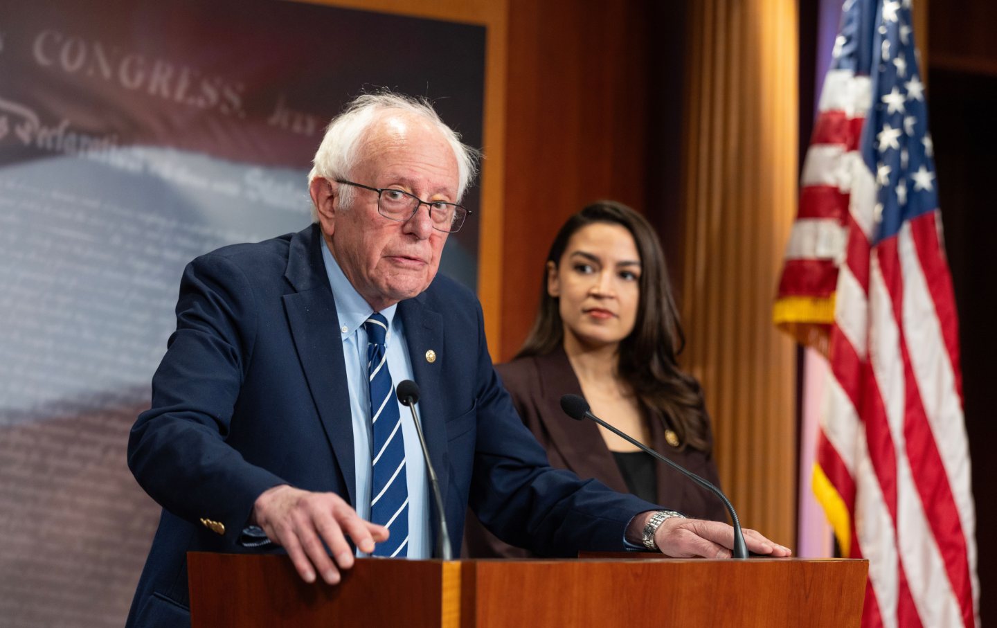 Senator Bernie Sanders (I-VT) and Representative Alexandria Ocasio-Cortez (D-NY) hold a press conference to announce the Artificial Intelligence Data Center Moratorium Act at the US Capitol on March 25, 2026.