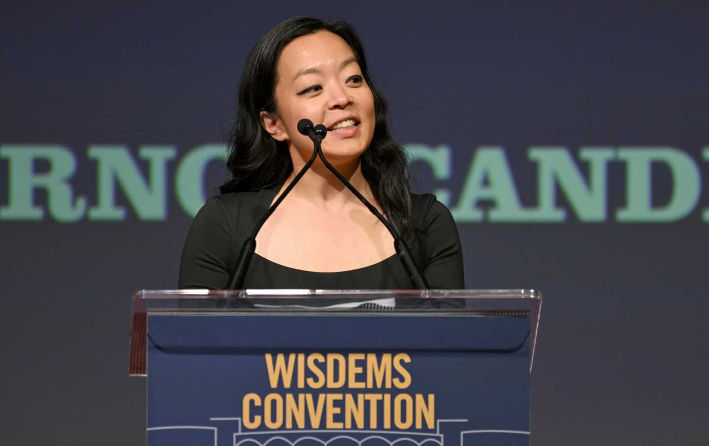 Francesca Hong speaks on stage during Wisconsin Democrats 2026 Convention on June 14, 2026 in Madison, Wisconsin.