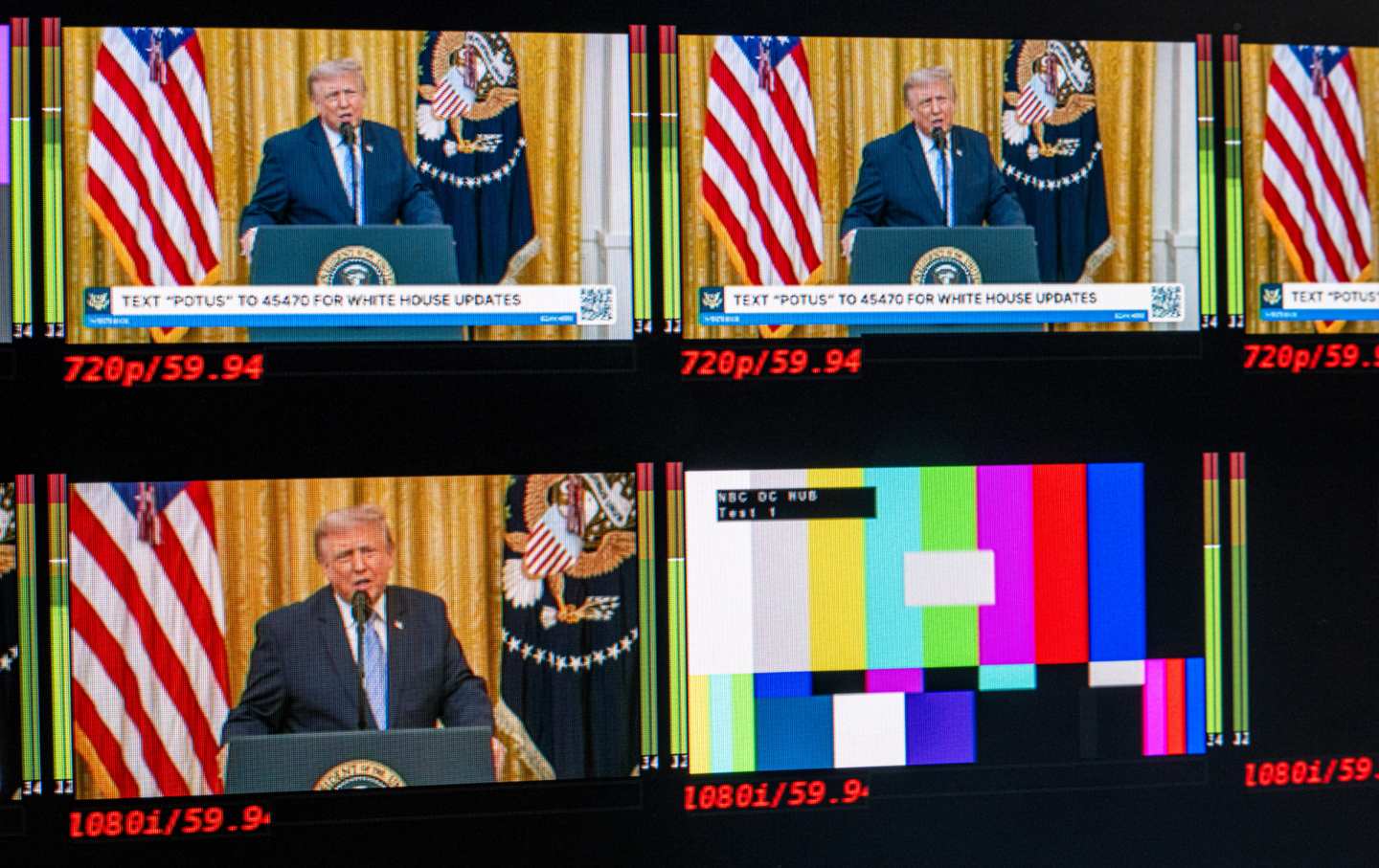 Monitors display US President Donald Trump during a prime-time address to the nation in the James S. Brady Press Briefing Room of the White House in Washington, DC, US, on Thursday, July 16, 2026.