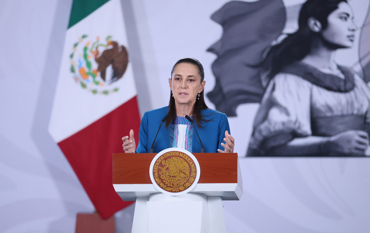 President of Mexico Claudia Sheinbaum speaks during the daily morning briefing at Palacio Nacional on July 15, 2026, in Mexico City, Mexico.