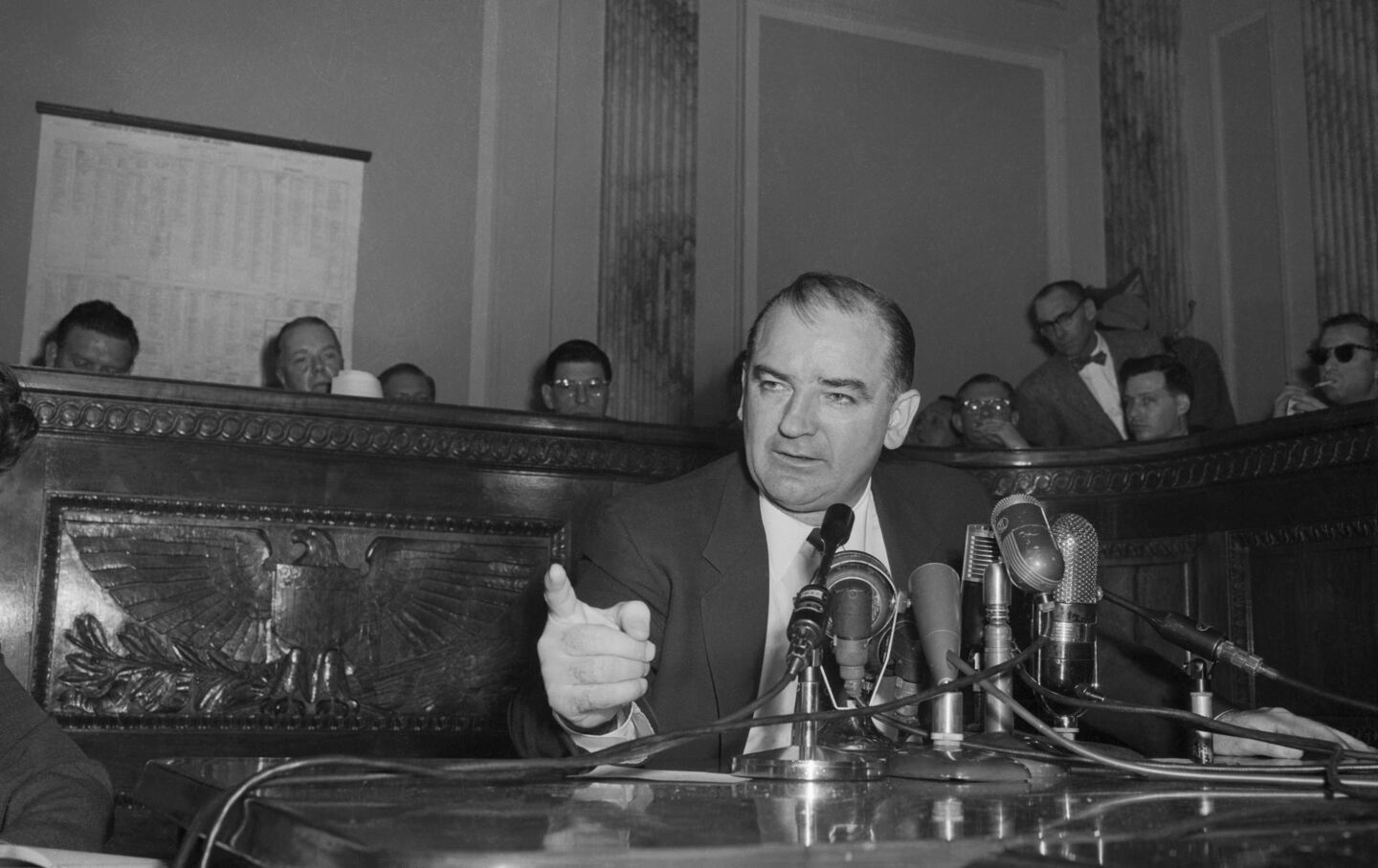 Senator Joseph R McCarthy comments on the latest developments in his dispute with the White House and Arm Secretary Robert T. Stevens on February 26, 1954.