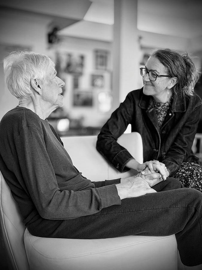 Hands-on care: The author with her father, who suffers from dementia and lives at a worker-owned residential facility.