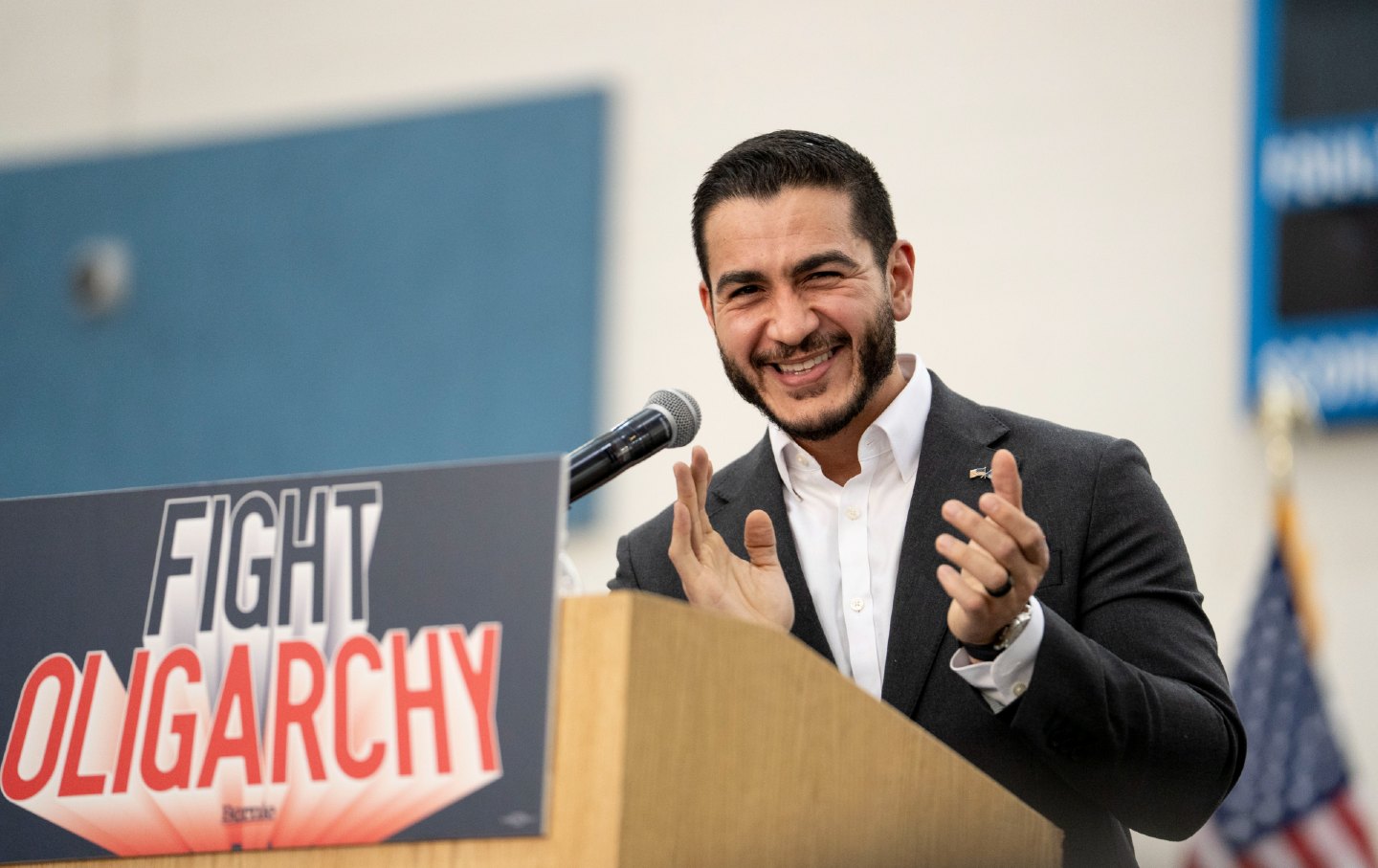 Abdul El-Sayed, candidate for US Senate in Michigan, speaks before Senator Bernie Sanders on May 3, 2026, in Detroit, Michigan.
