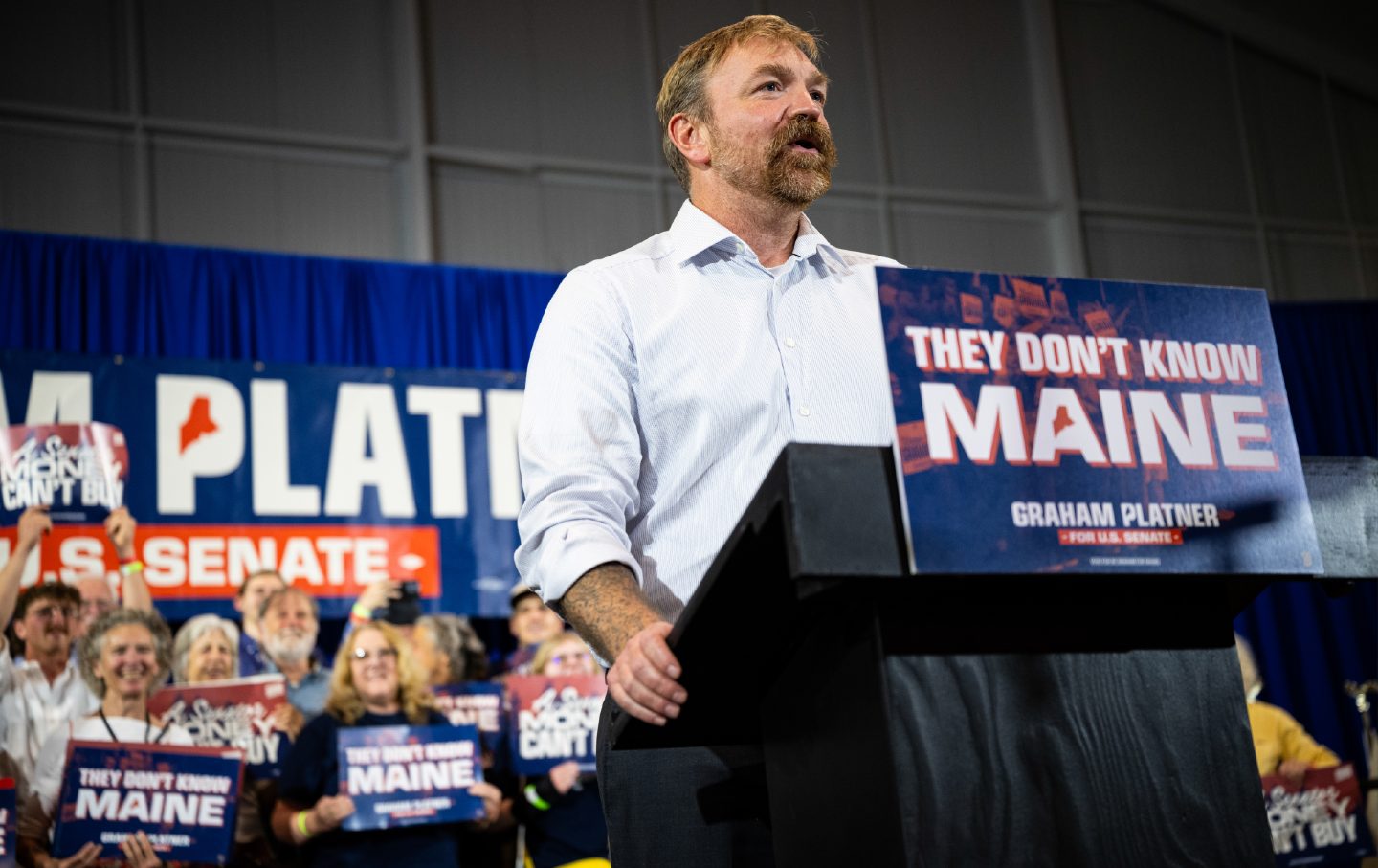 Graham Platner during a primary-election-night event in Blue Hill, Maine, on June 9, 2026.