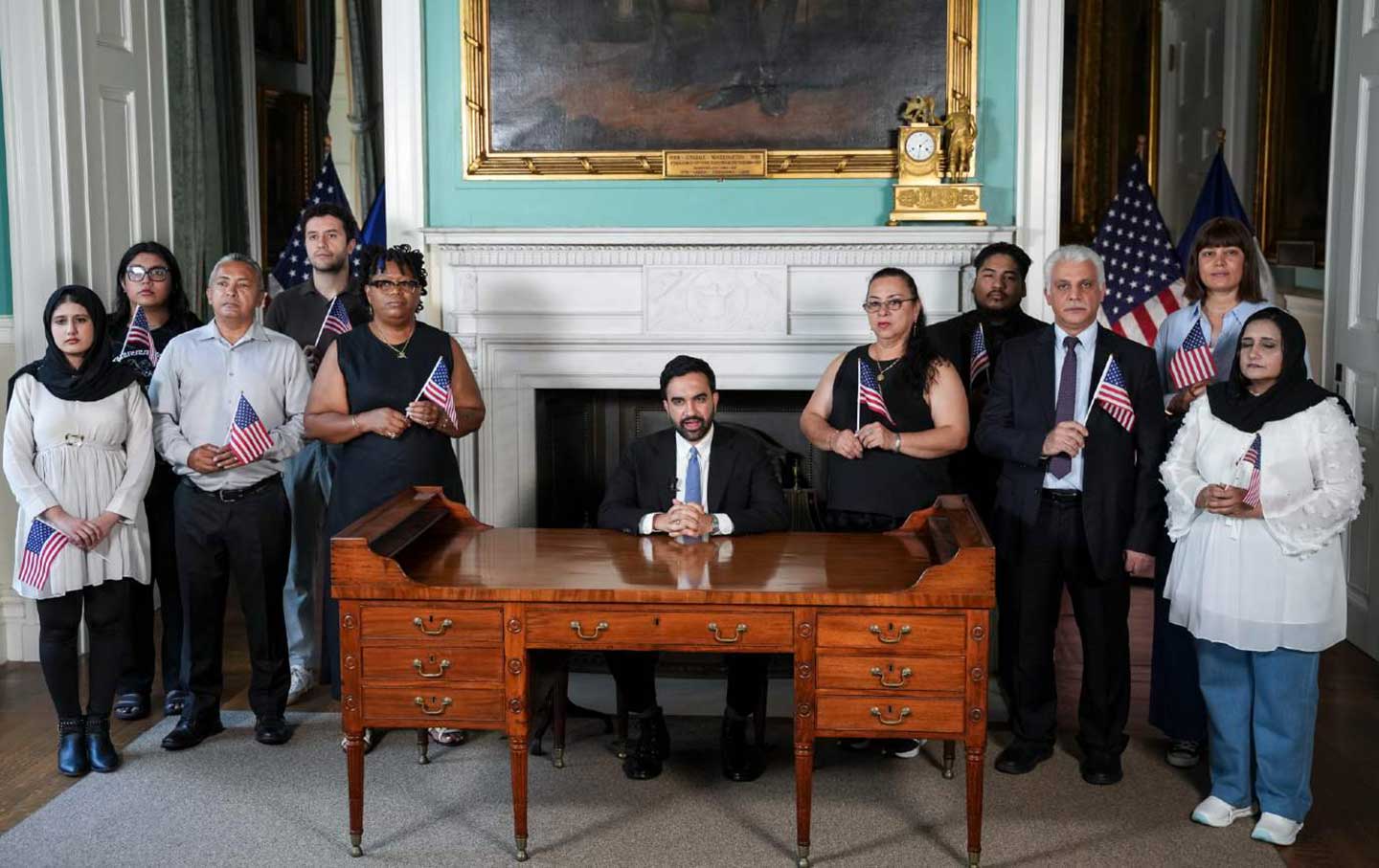 New York City Mayor Zohran Mamdani delivers a speech to mark the 250th anniversary of the United States of America at City Hall on July 3, 2026, in New York City.