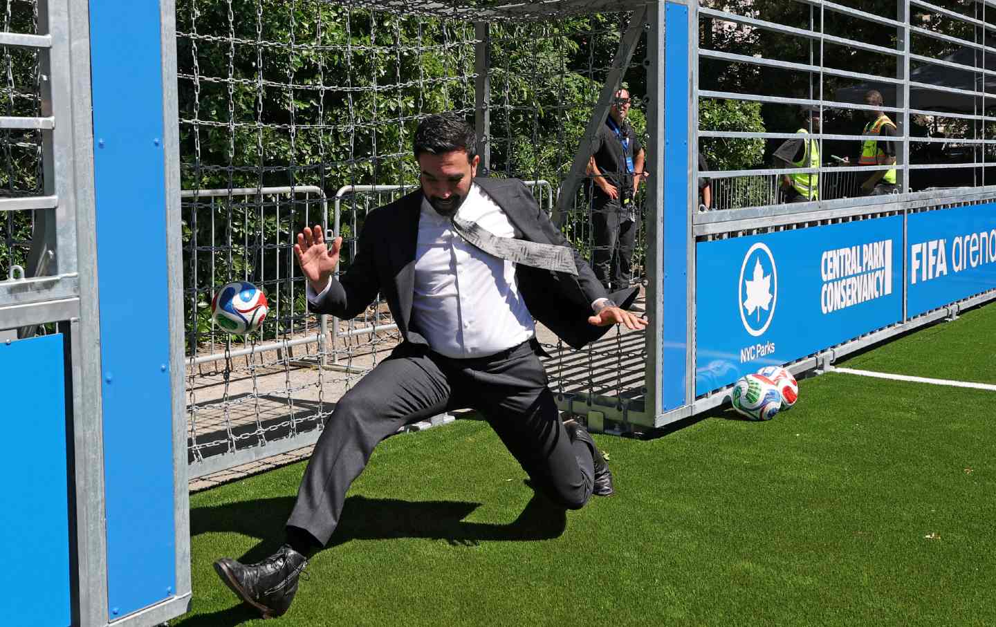 New York City Mayor Zohran Mamdani plays goalkeeper in Central Park on June 8, 2026. During the World Cup, the city secured 1,000 affordable tickets for residents and kept soccer pitches open and illuminated overnight.
