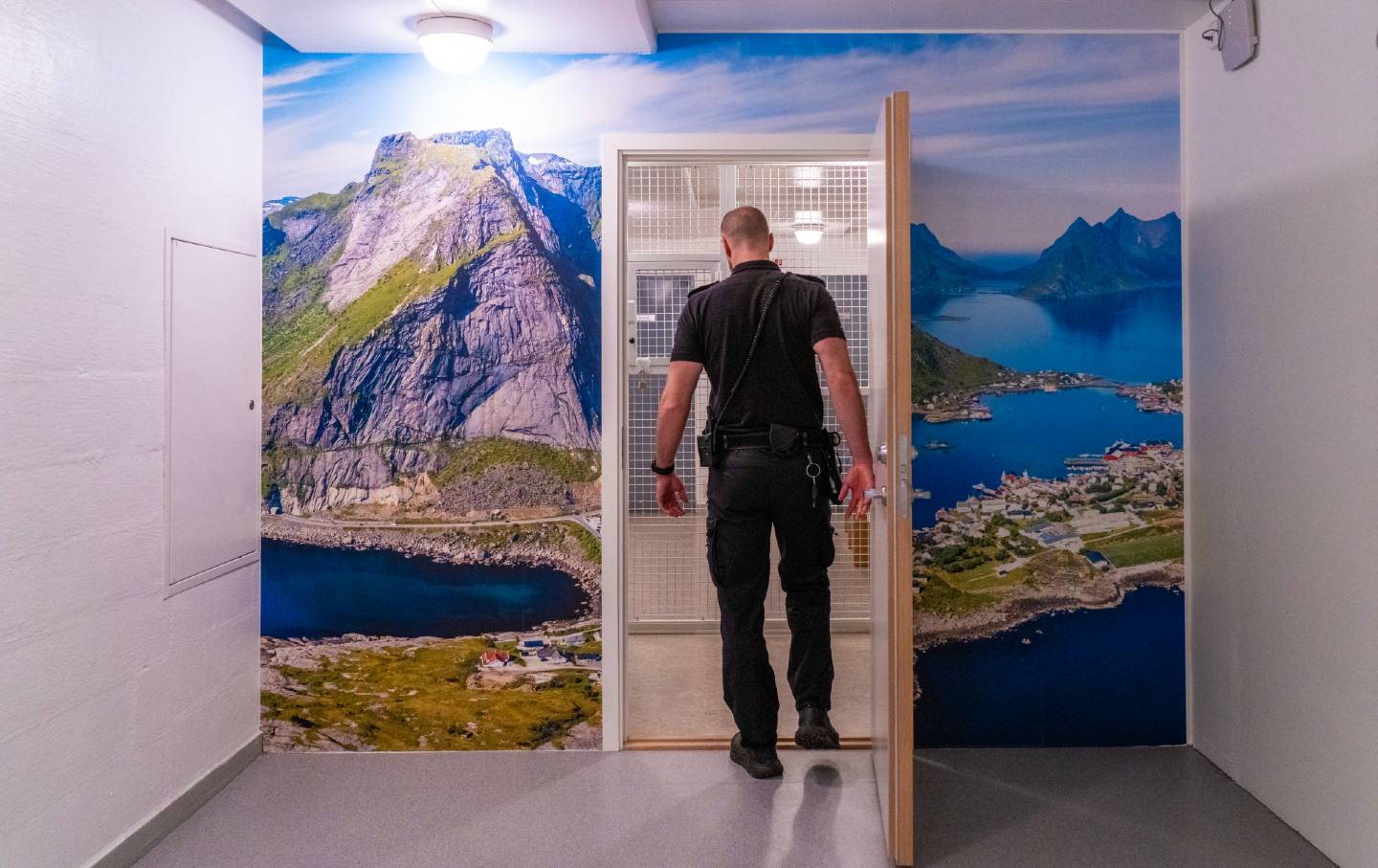 An officer walks through the second floor of the Ringerike Prison in Norway in 2024. The facility, spread over two floors and an air yard, holds Anders Behring Breivik, who is responsible for a pair of deadly terrorist attacks in 2011.