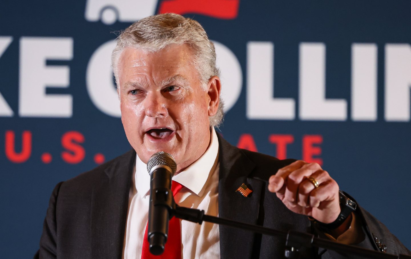 US Senate candidate Mike Collins speaks during an election-night watch party after winning the Republican nomination, Tuesday, June 16, 2026, in Jackson, Ga.