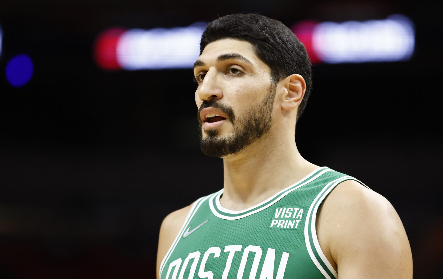 Enes Kanter of the Boston Celtics looks on against the Miami Heat on October 15, 2021, in Miami, Florida.