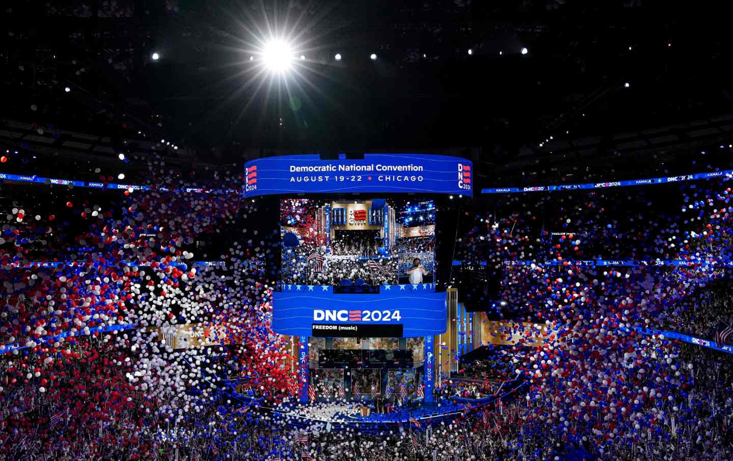 Balloons drop following a speech by Vice President Kamala Harris during the Democratic National Convention at the United Center in Chicago, Illinois, on Thursday, August 22, 2024.