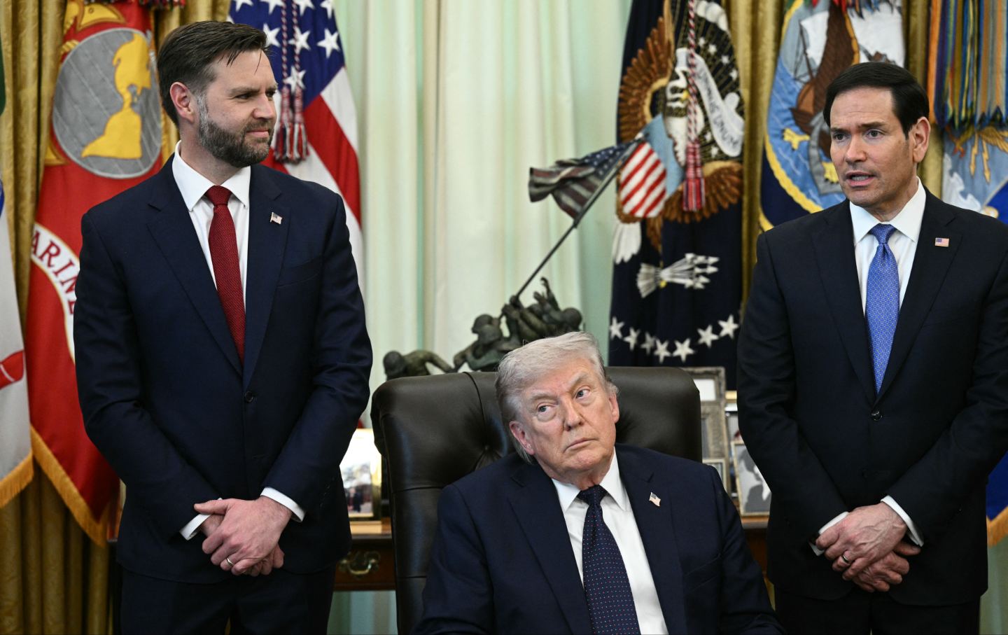 JD Vance, Marco Rubio, and Donald Trump in the Oval Office on April 23, 2026.