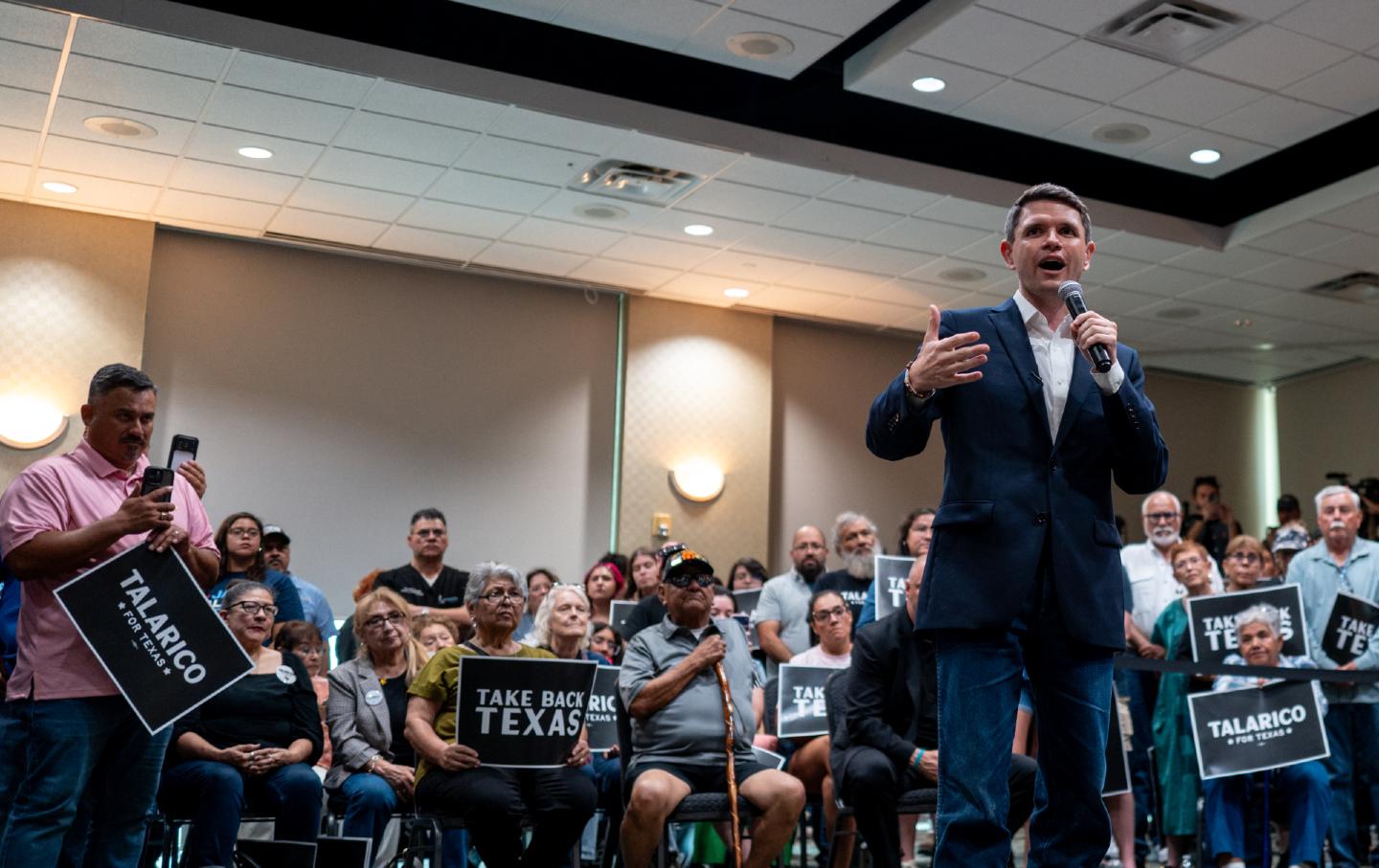 James Talarico speaks during a “Talarico for Texas: Frontera Tour” campaign rally at the International Center For Trade convention center on July 13, 2026 in Eagle Pass, Texas.