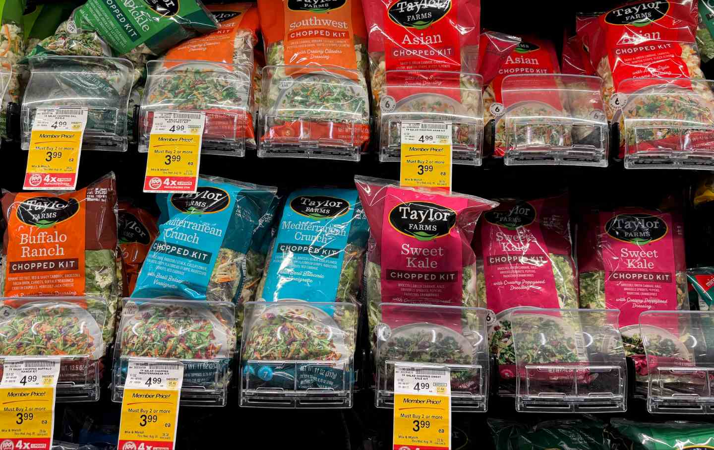 Packages of Taylor Farms salad greens are displayed at a Safeway store on July 16, 2026, in Kings Beach, California.