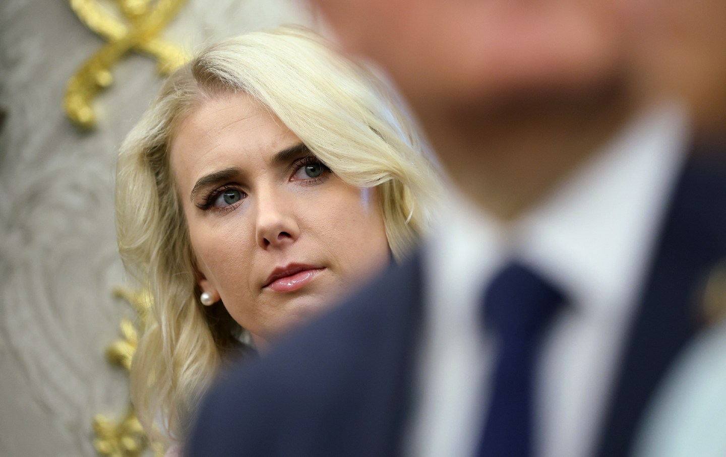 Natalie Harp, executive assistant to President Donald Trump, listens to a reporter's question as Trump holds a bilateral meeting with President of Lebanon Joseph Aoun in the Oval Office of the White House on July 21, 2026.