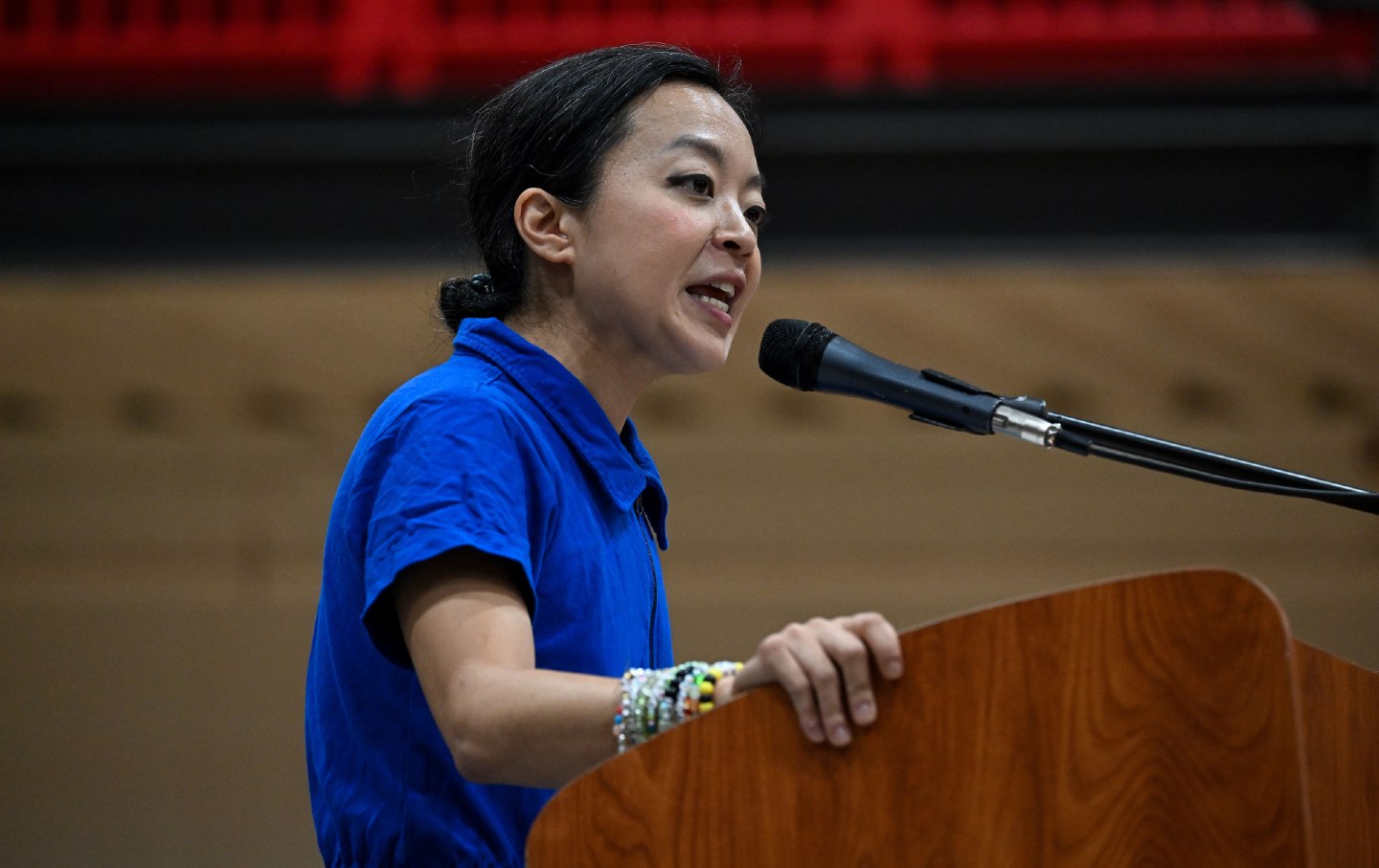 Wisconsin Democratic Gubernatorial candidate Francesca Hong speaks during a campaign rally on August 2, 2026 in Milwaukee
