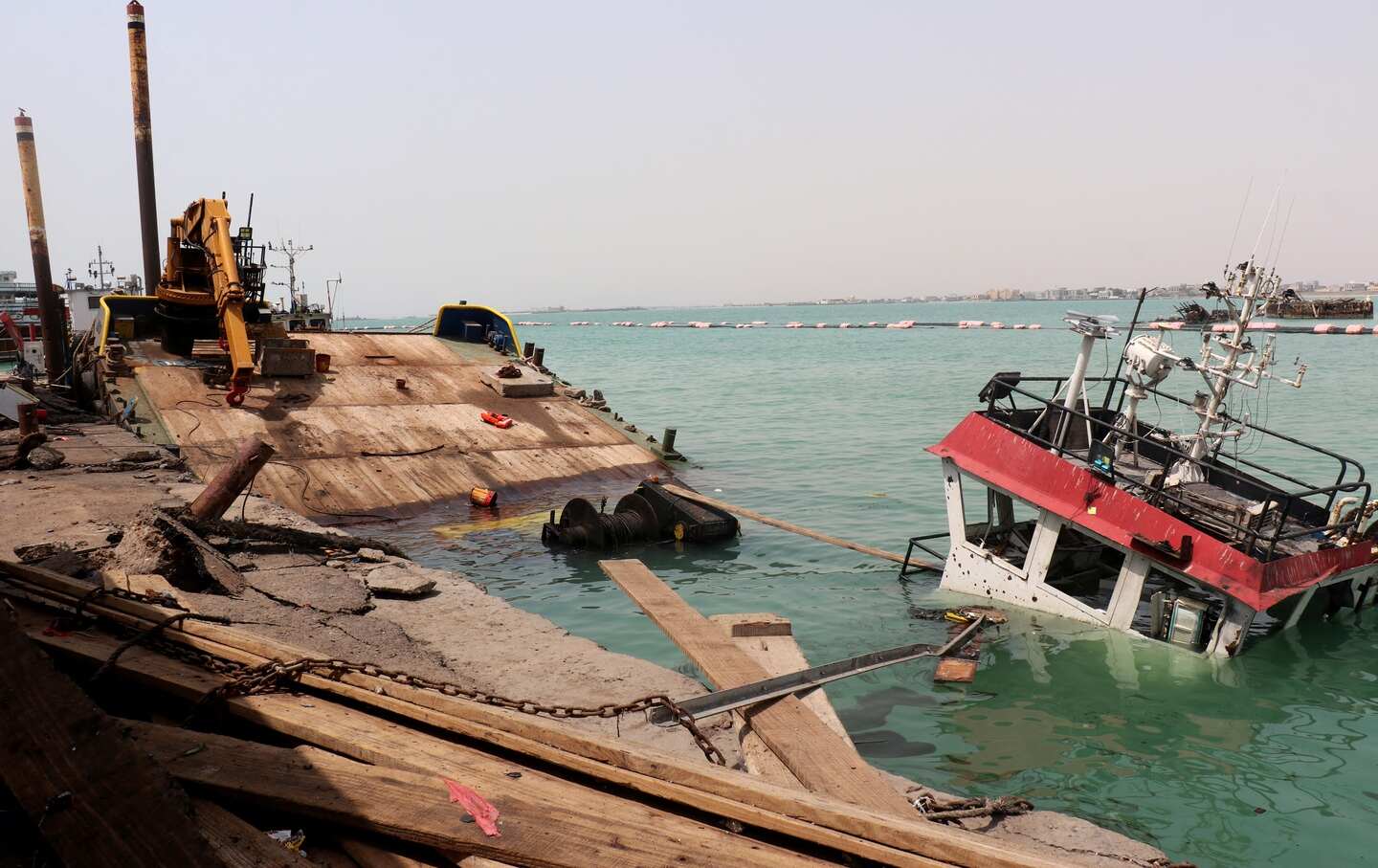 The navigation bridge of a sunken vessel in the Port of Mokha the day after an attack by the Houthis on the city of Mokha, on August 10, 2026.