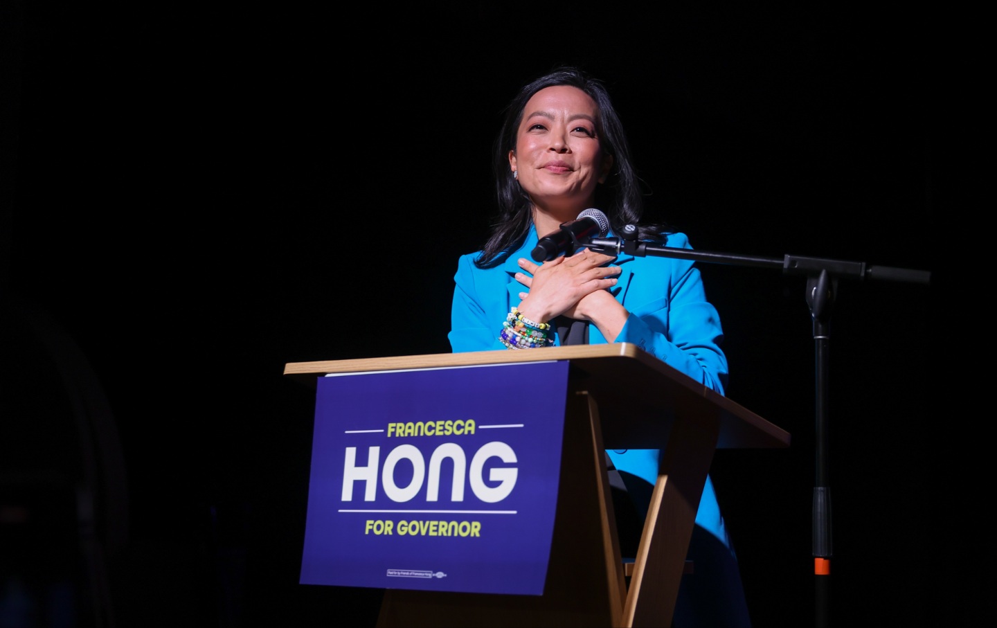 Francesca Hong at a primary election night watch party at Atwood Music Hall in Madison, Wisconsin, on Tuesday, August 11, 2026.