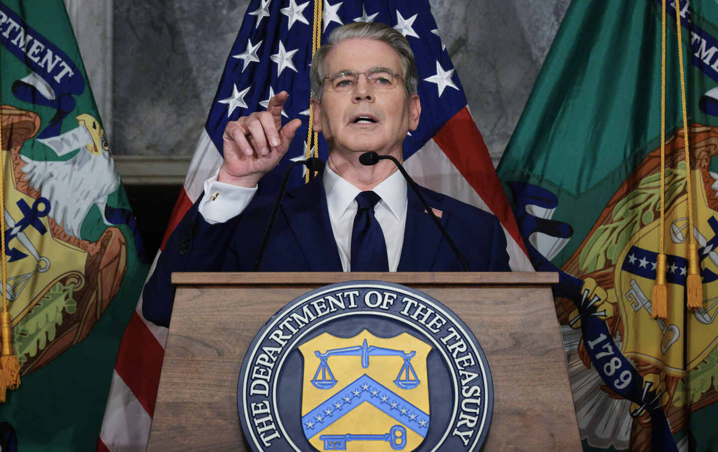 US Treasury Secretary Scott Bessent calls on reporters after announcing a new set of sanctions against Iran on August 24, 2026, in Washington, DC.