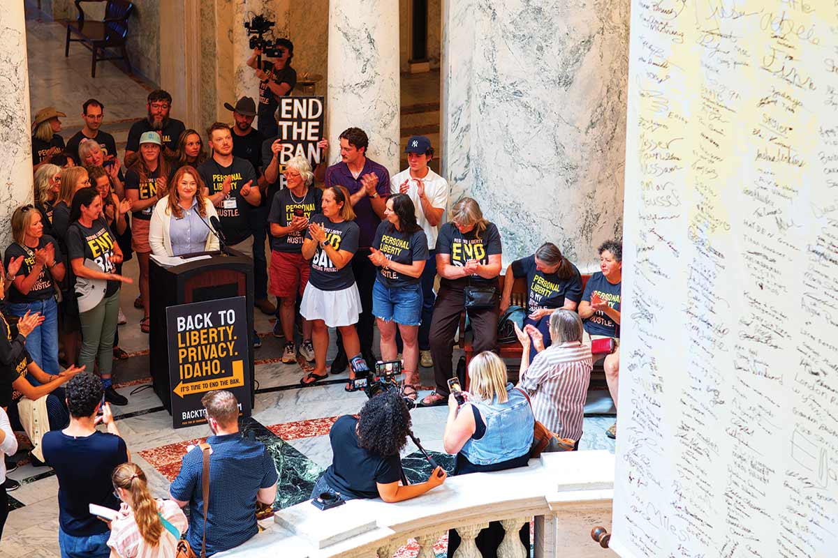 Melanie Folwell, who is leading the campaign against Idaho’s near-total ban on abortion, speaks at the statehouse in July.