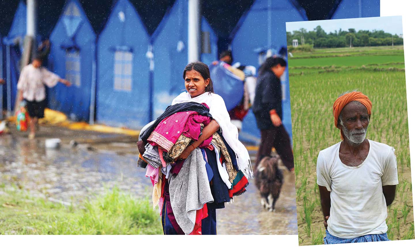 Nepalis take shelter at a holding center in Kathmandu, in July: A farmer in his cracked paddy field in Nepal’s Rautahat district, during a drought.