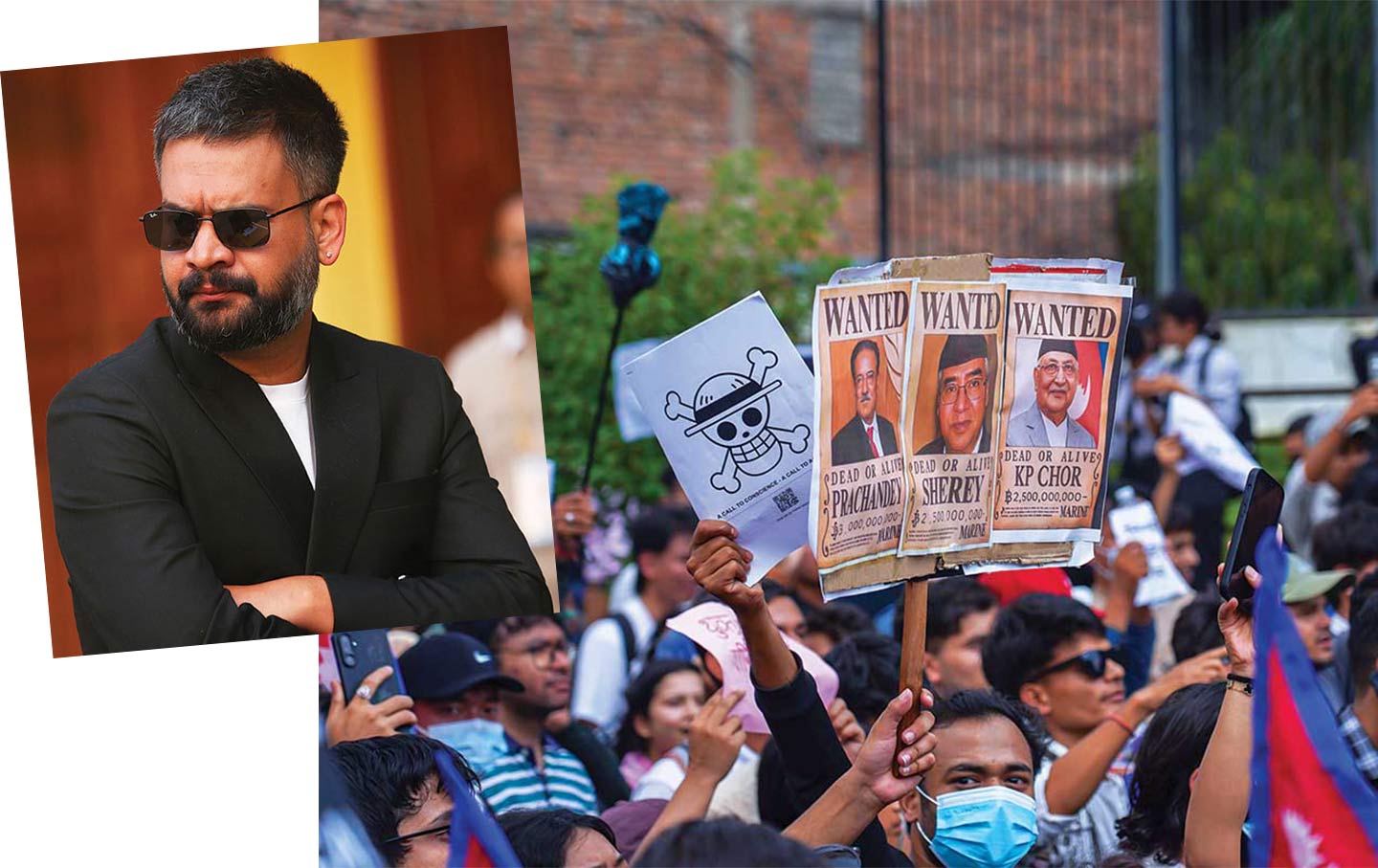 Nepali Prime Minister Balendra Shah (left), and a Gen Z protest against corruption and social-media bans in the country.