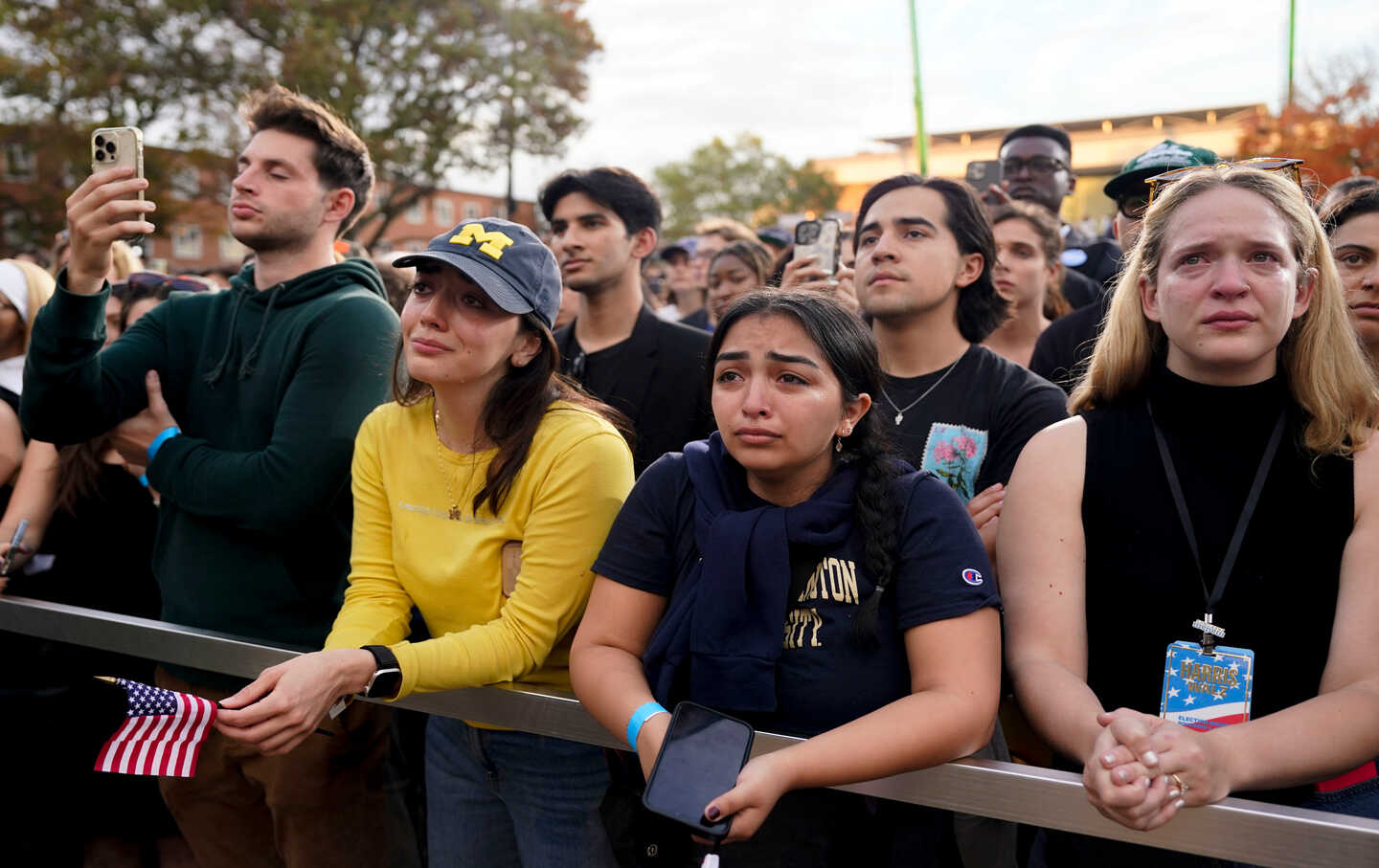 Attendees react as US Vice President Kamala Harris concedes to Donald Trump on November 6, 2024.