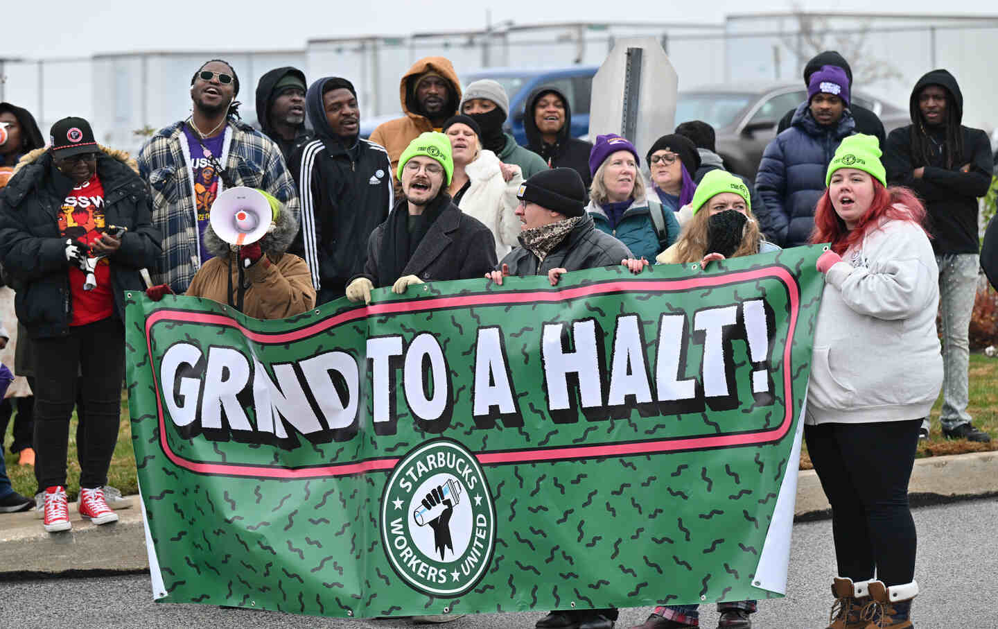 Starbucks SBWorkers United baristas and supporters on November 19, 2025, in York, Pennsylvania.