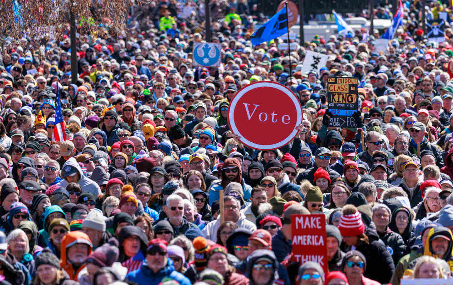 A large crowd gathers outside the Minnesota State Capitol during the “No Kings” national day of protest in Saint Paul, Minnesota, on March 28, 2026.