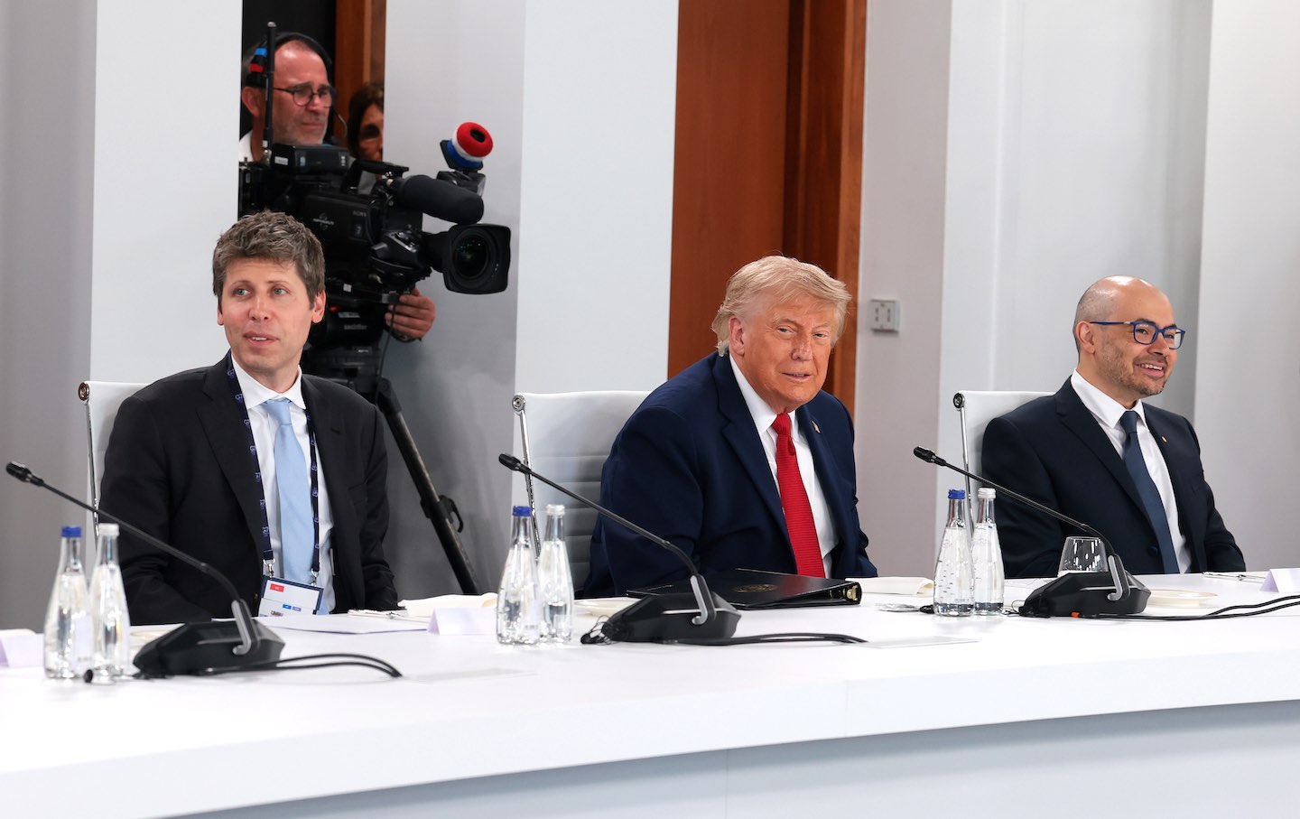 CEO of OpenAI Sam Altman, President Donald Trump, and CEO of DeepMind Demis Hassabis attend a working lunch during the G7 Summit on June 17 in Évian-les-Bains, France.