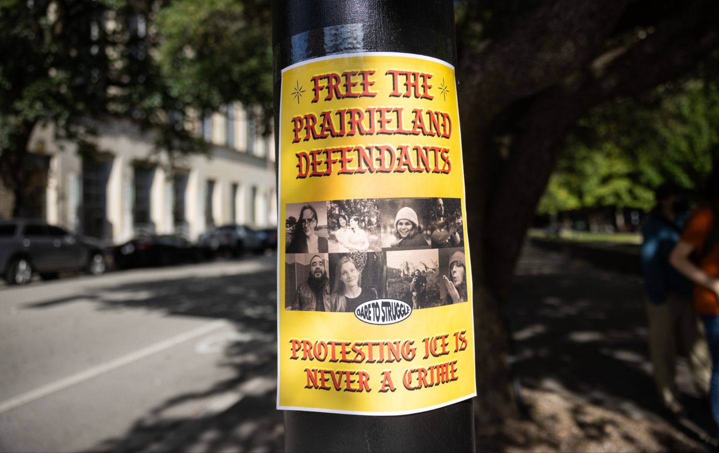 A sign that reads FREE THE PRAIRIELAND DEFENDANTS is taped to a post outside of the Eldon B. Mahon U.S. Courthouse in Fort Worth, Texas, Wednesday, July 1, 2026.
