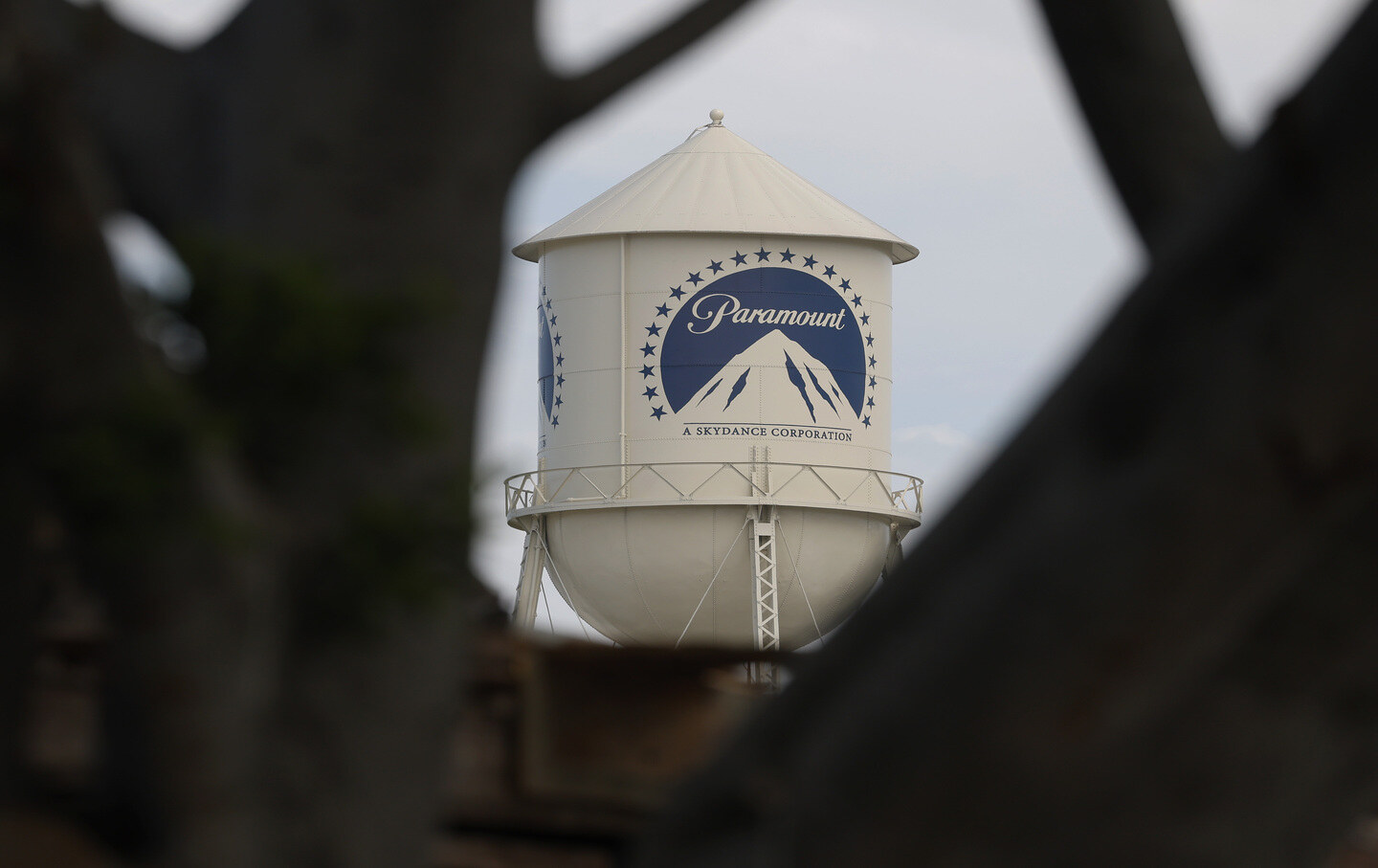 The Paramount logo is displayed on a water tower at the Paramount Studios in Los Angeles, California.