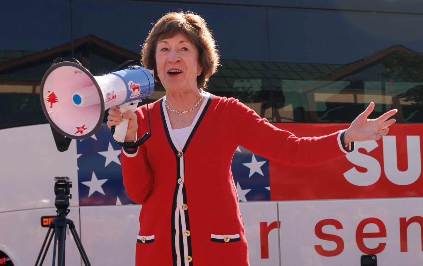 Susan Collins (R-ME) greets supporters outside the Kittery Trading Post, the first stop of a weekend reelection campaign bus tour of the state of Maine, on August 14, 2026, in Kittery, Maine.