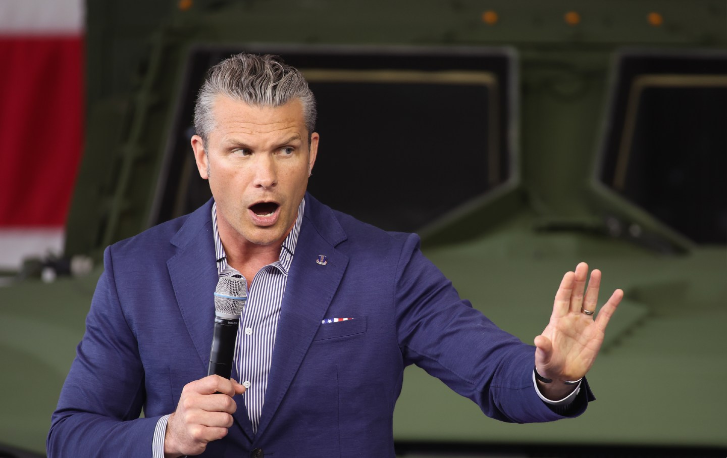 Pete Hegseth speaks at an Oshkosh Corporation facility in Oshkosh, Wisconsin, US, on Monday, Aug. 24, 2026.