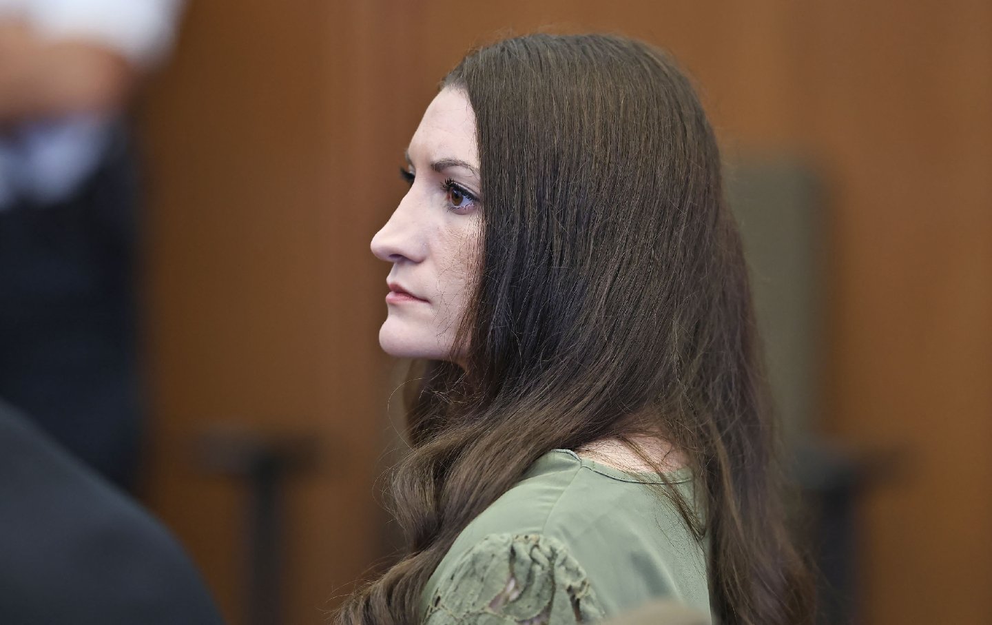 Lindsay Clancy looks on as jurors (out of frame) enter the courtroom during Clancy's murder trial at the Plymouth County Superior Court in Plymouth, Massachusetts, on September 4, 2026.