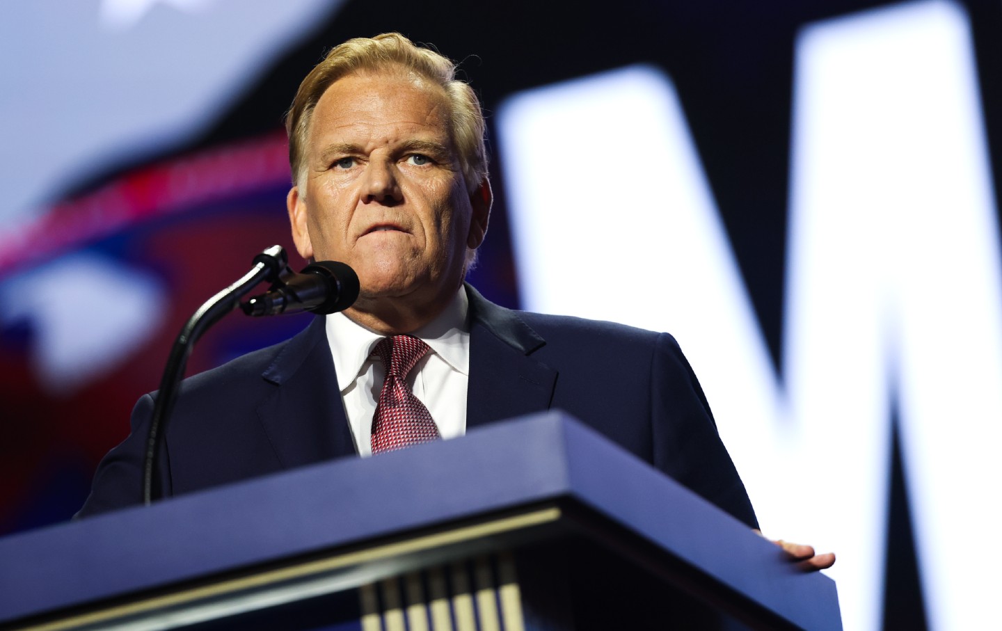 Michigan Republican Senate candidate, former U.S. Rep. Mike Rogers (R-MI) speaks on stage on the second day of the 2026 Republican National Convention at the American Airlines Center on September 10, 2026 in Dallas, Texas