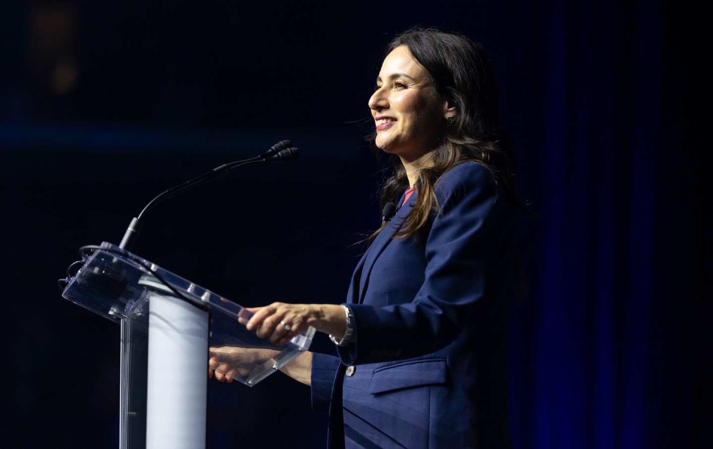 Texas Democratic gubernatorial candidate Gina Hinojosa speaks during the Texas Democratic Convention at the Hilliard Center in Corpus Christi.