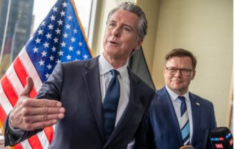 California Governor Gavin Newsom speaks alongside German Federal Minister for the Environment, Climate Action, Nature Conservation, and Nuclear Safety Carsten Schneider during a press briefing following a meeting on the sidelines of the UN General Assembly at the United Nations on September 22, 2026.