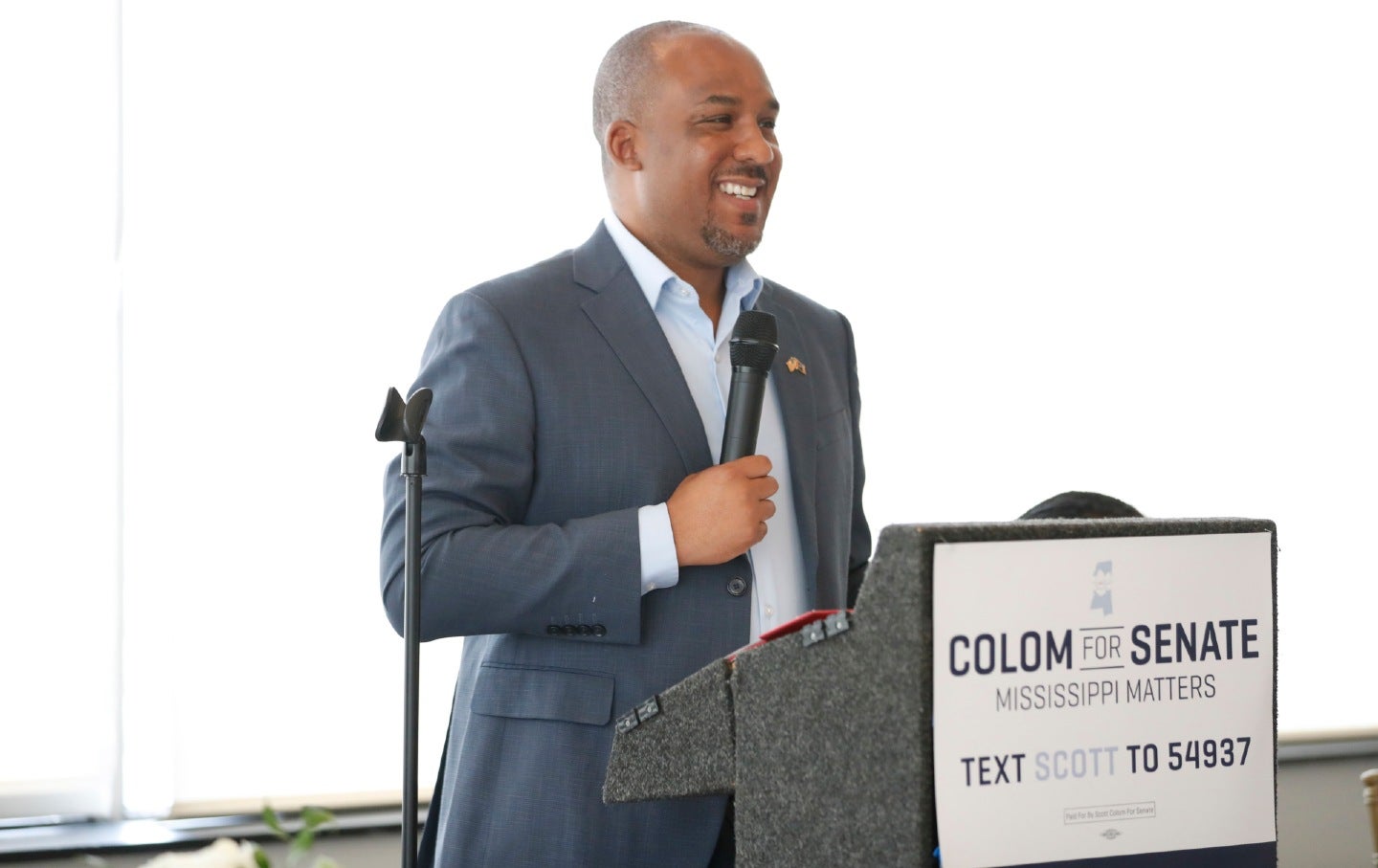 Mississippi Democratic US Senate candidate Scott Colom speaks during a campaign event at the Capital Club in Jackson, Mississippi, Saturday, August 1, 2026.